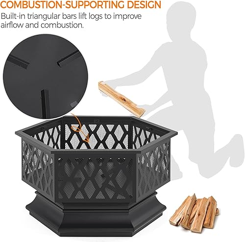 Miniatura 6 de Yaheetech Hoguera de 26 pulgadas para fogata exterior con forma hexagonal de madera chimenea al aire libre para fogata patio picnic barbacoa con