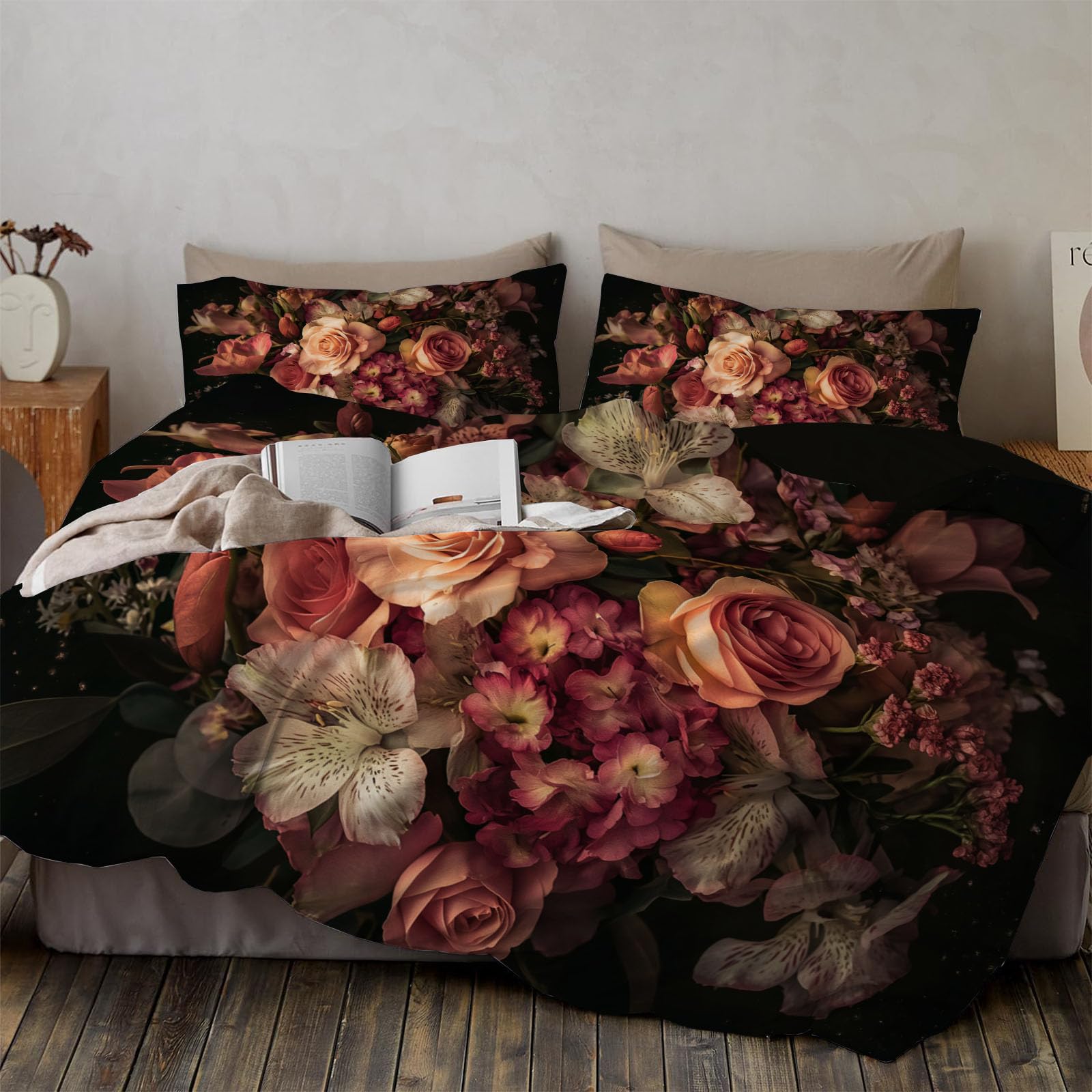 Parure de lit housse de couette 3 pièces 240x260 cm adulte en microfibre douce noir