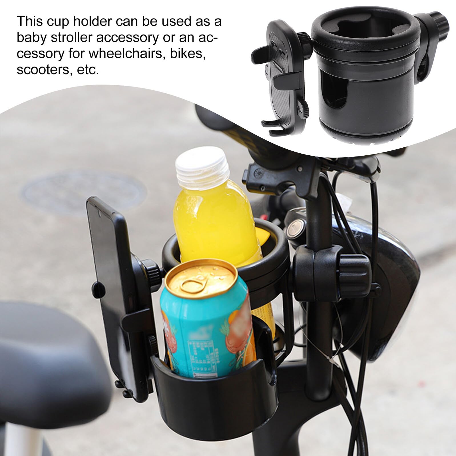 Portabicchieri per Passeggino e Bicicletta con Supporto Telefono Nero Stabile e Multifunzionale per Carrozzine Scooter e Passeggini Adatto a Tettarelle e Bottiglie Standard