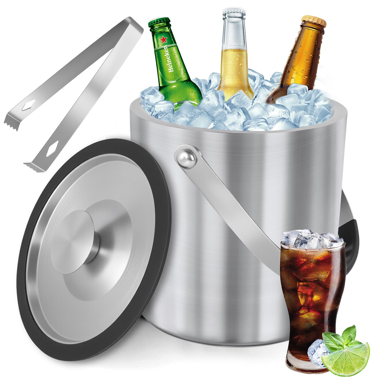 Edelstahl Eiswürfelbehälter 1,6L - Doppelwandiger Eiskübel Mit Sieb