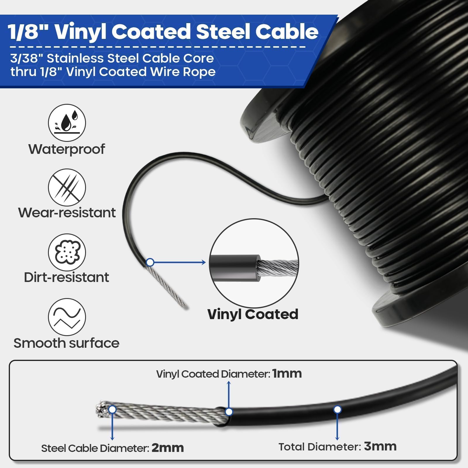 TooTaci Kit de Cable de Acero Inoxidable Negro de 3mm y 60M Revestido en Vinilo – Con Tensores M5 para Luces Colgantes, Tendedero, Enrejado de Jardín y Cortinas