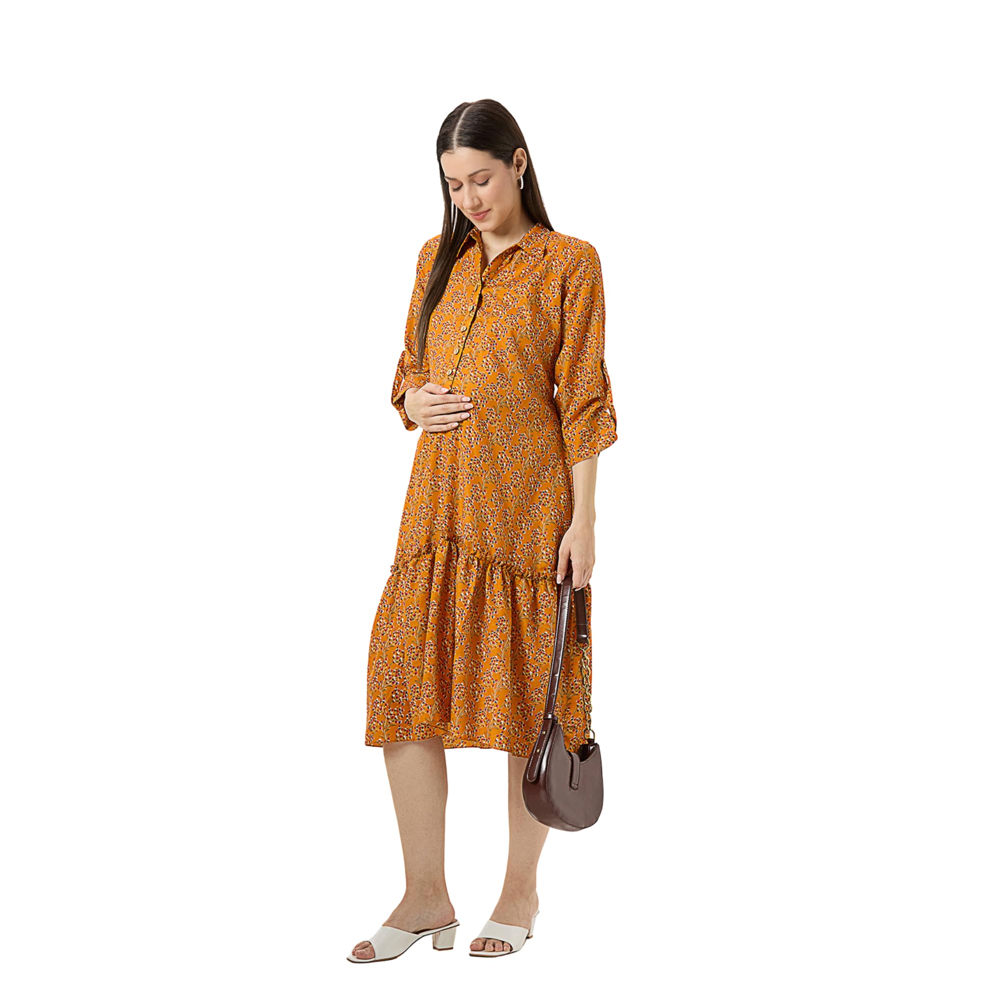 Mustard Yellow Floral Maternity Dress-picture-49