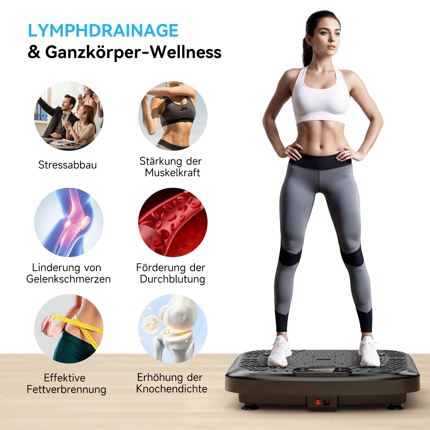 Vibrationsplatte mit App-Steuerung, Fernbedienung & LED, 220kg Belastbarkeit, 199 Stufen Vibration Plate, Rüttelplatte Sport für Zuhause, 200W Motor, Bluetooth & Bänder, Fettverbrennung