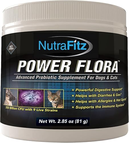 Power Flora - Probióticos para perros y gatos con 9 cepas vivas, probióticos para perros que mejoran el aliento del perro, infecciones urinarias,