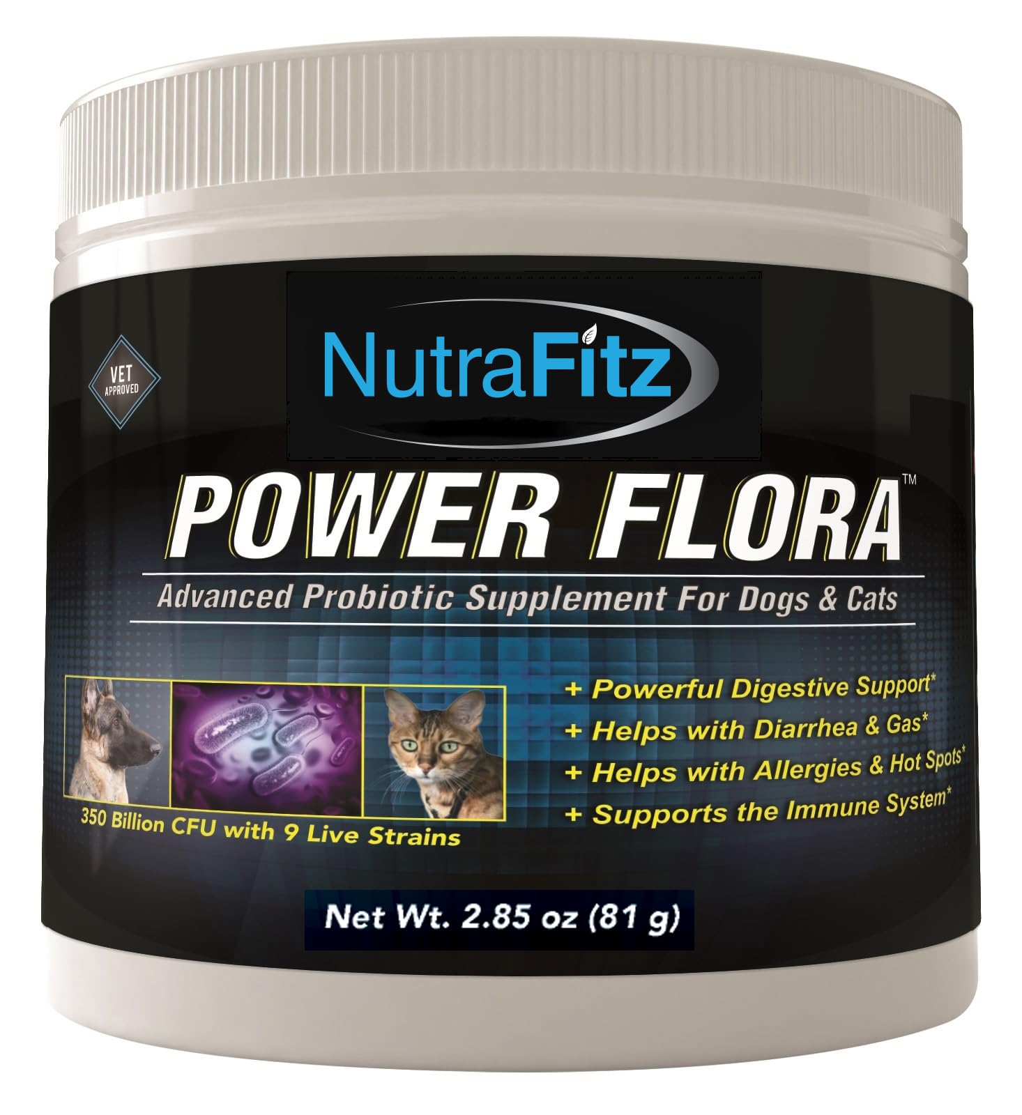 Power Flora - Probiotics for Dogs and Cats with 9 Live Strains - Dog Probiotics Improves Dog Breath, UTI, Diarrhea, Constipation, Skin Allergy, Hot Spots - Odorless Powder - 350 Billion CFU/jar