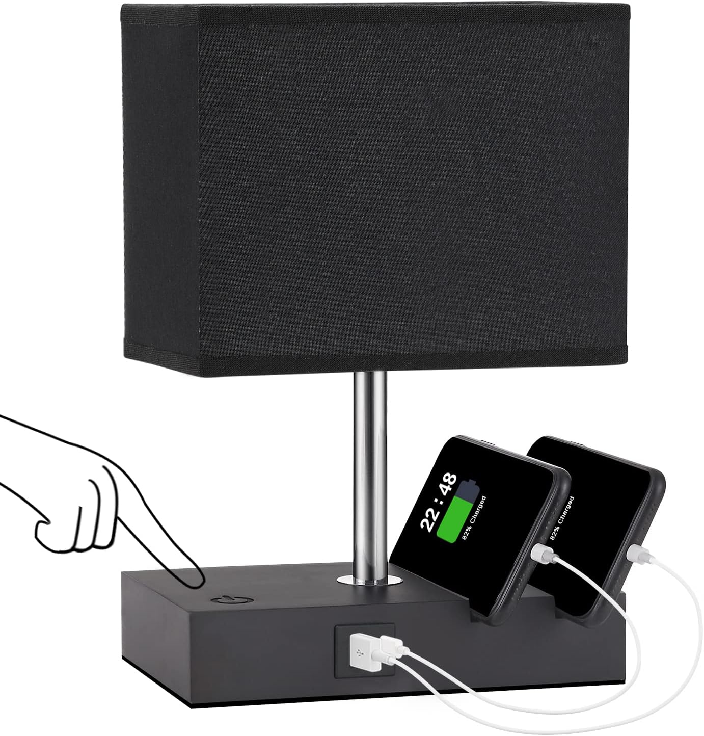 Black Fully Dimmable Table Lamp for Bedroom with USB C+A - Touch Control Bedside Lamps for Nightstand with Charging Ports and Phone Stands, Small Desk Lamps for Living Room (LED Bulb Included)