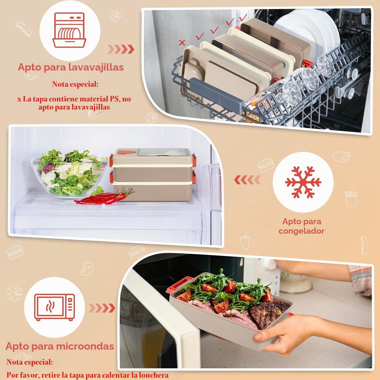 Lunch Box, Fiambrera Bento Box de 2 Capas con 4 Compartimentos | Lonchera con Cubiertos, Recipientes de Salsas y Bolsas de Aislamiento, para Escuela Trabajo Picnic, 2000ml de Gran Capacidad