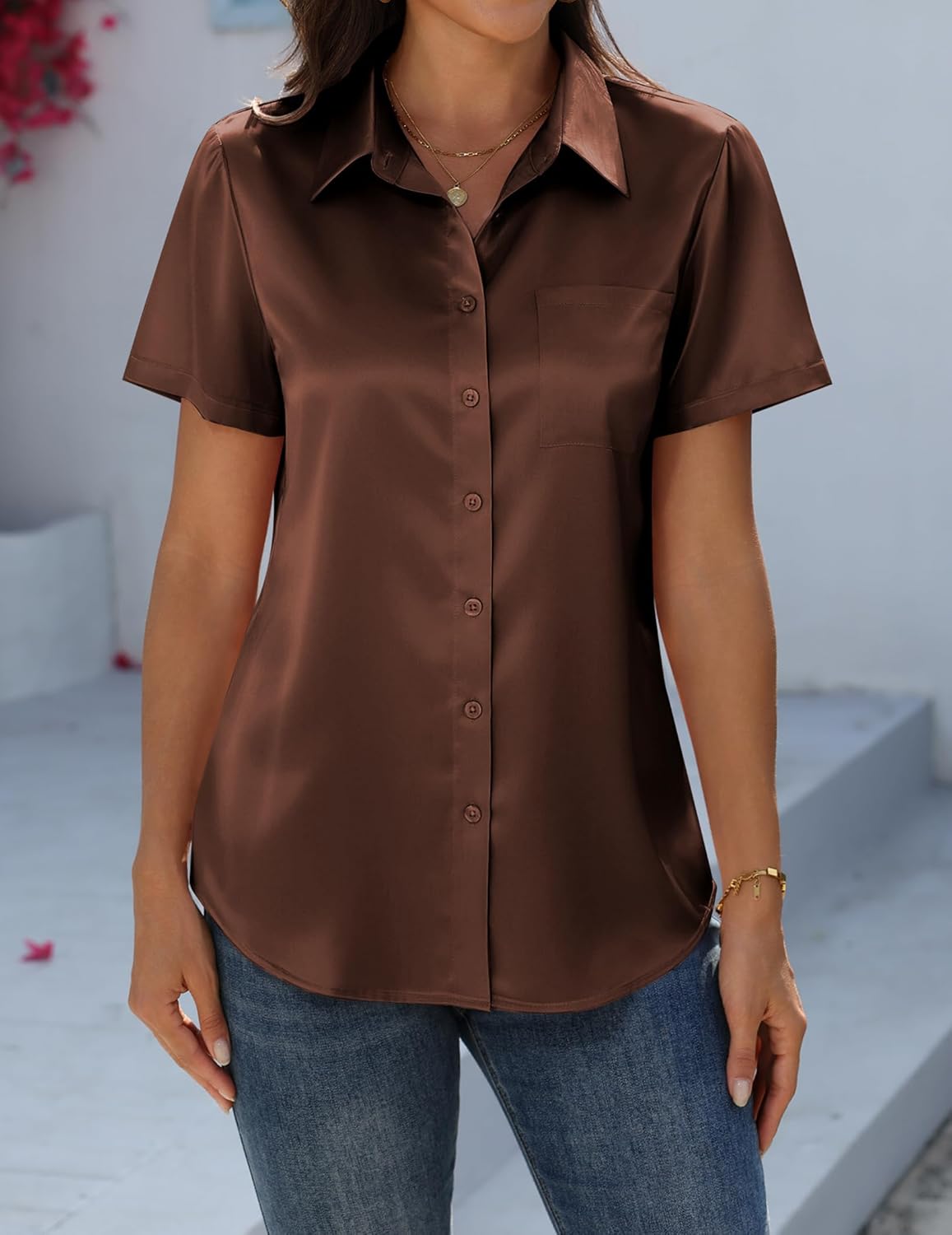 Zeagoo Satin Blouses for Women Silk Button Down Shirts Short Sleeve Business Casual Tops - Image 4