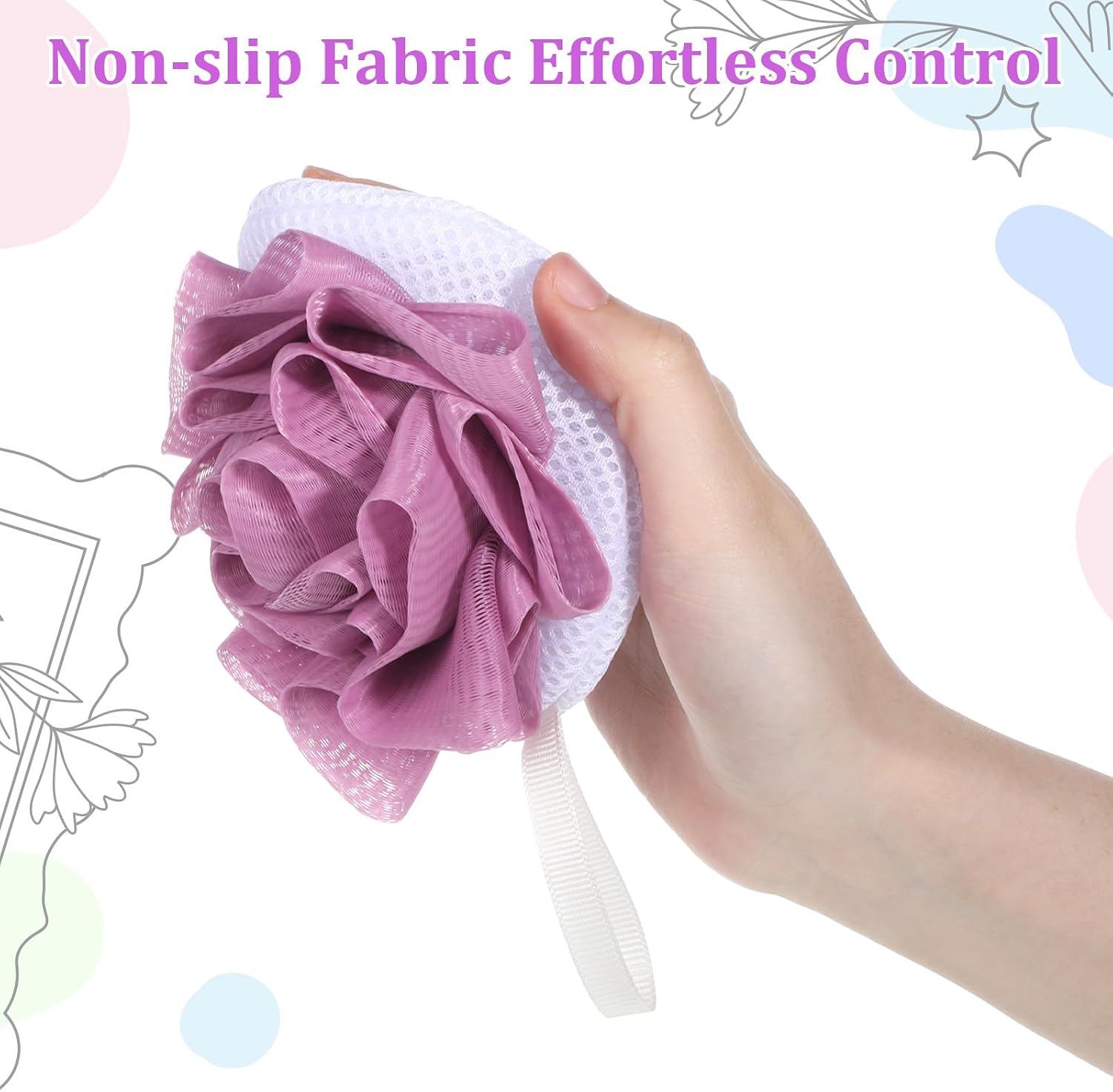 2PCS Bath Loofah with Soap Bags, Soap Bar Loofah, Purple & White | 2 in 1 Exfoliating Sponges, Soap Saver Pouch for Bar Soap, Gentle Body Scrubber for Men Women, Rose Style