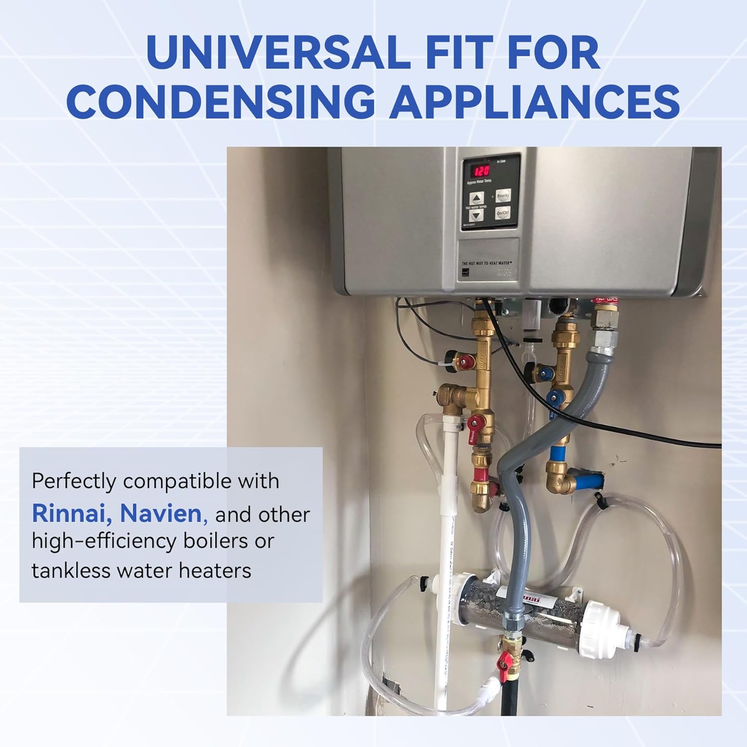 Condensate Neutralizer Kit for Rinnai Tankless Water Heater 804000074 Navien Rheem, 100,000 BTU/HR Ac-id Neutralizer for Condensing Boiler Furnace, 15-Piece Complete Set with 10ft Tubing & 3/4" NPT