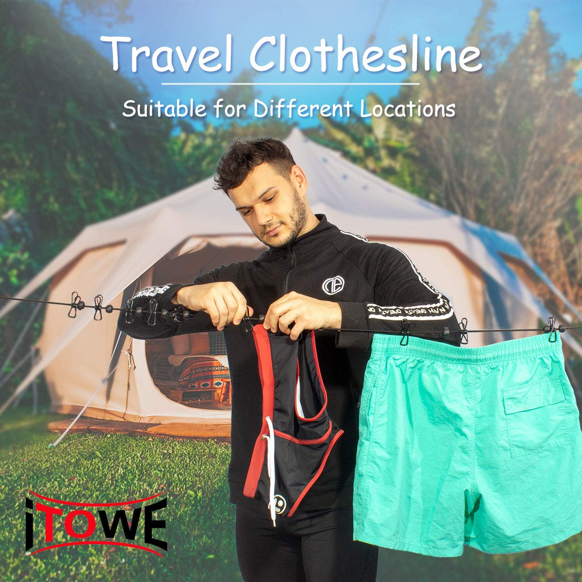 iTOWE 2Pack Portable Clothesline with 12 Pins Travel Clothesline