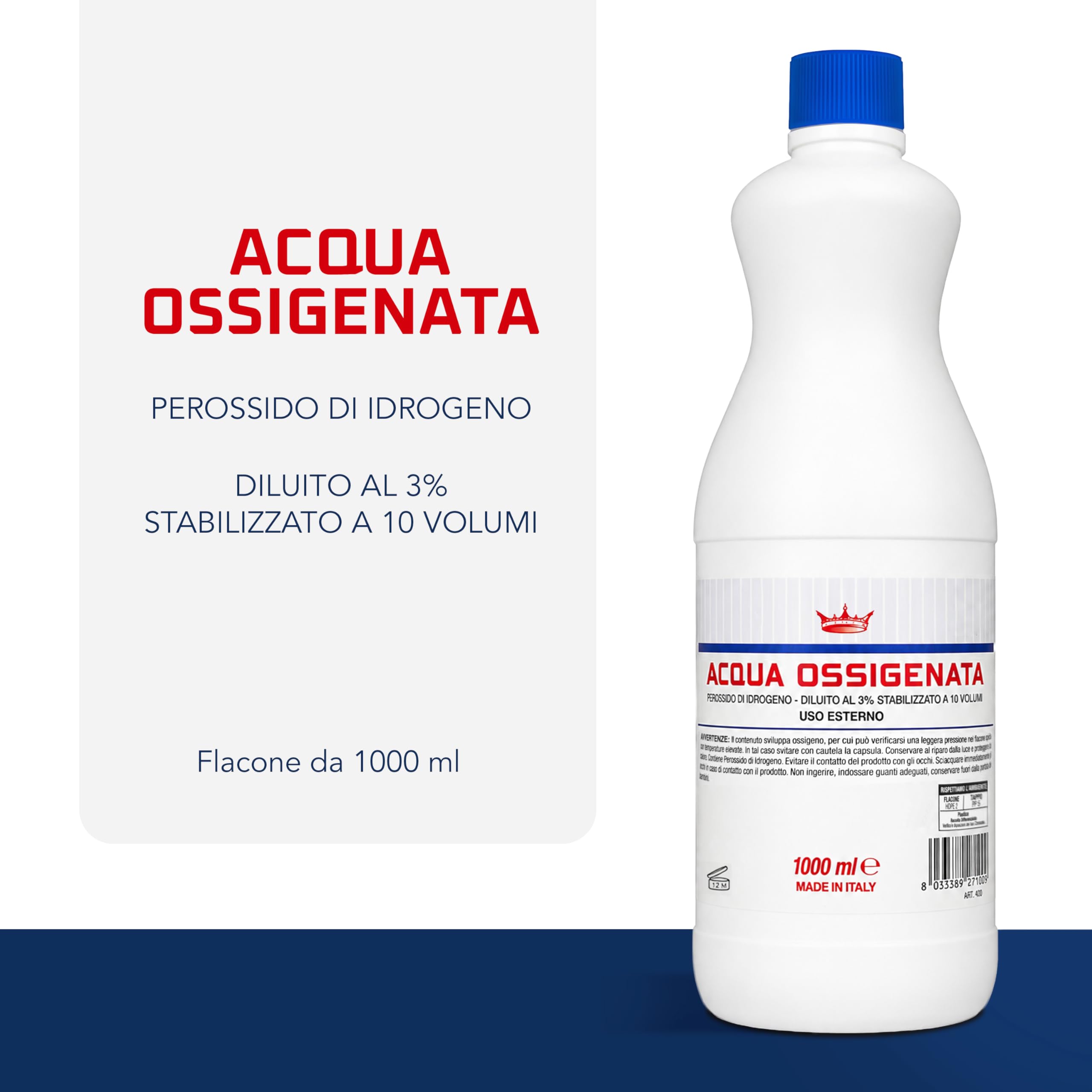 Acqua Ossigenata disinfettante 3% 10 Volumi con tappo di sicurezza per bambini (12 flaconi da 1 litro) Made in Italy