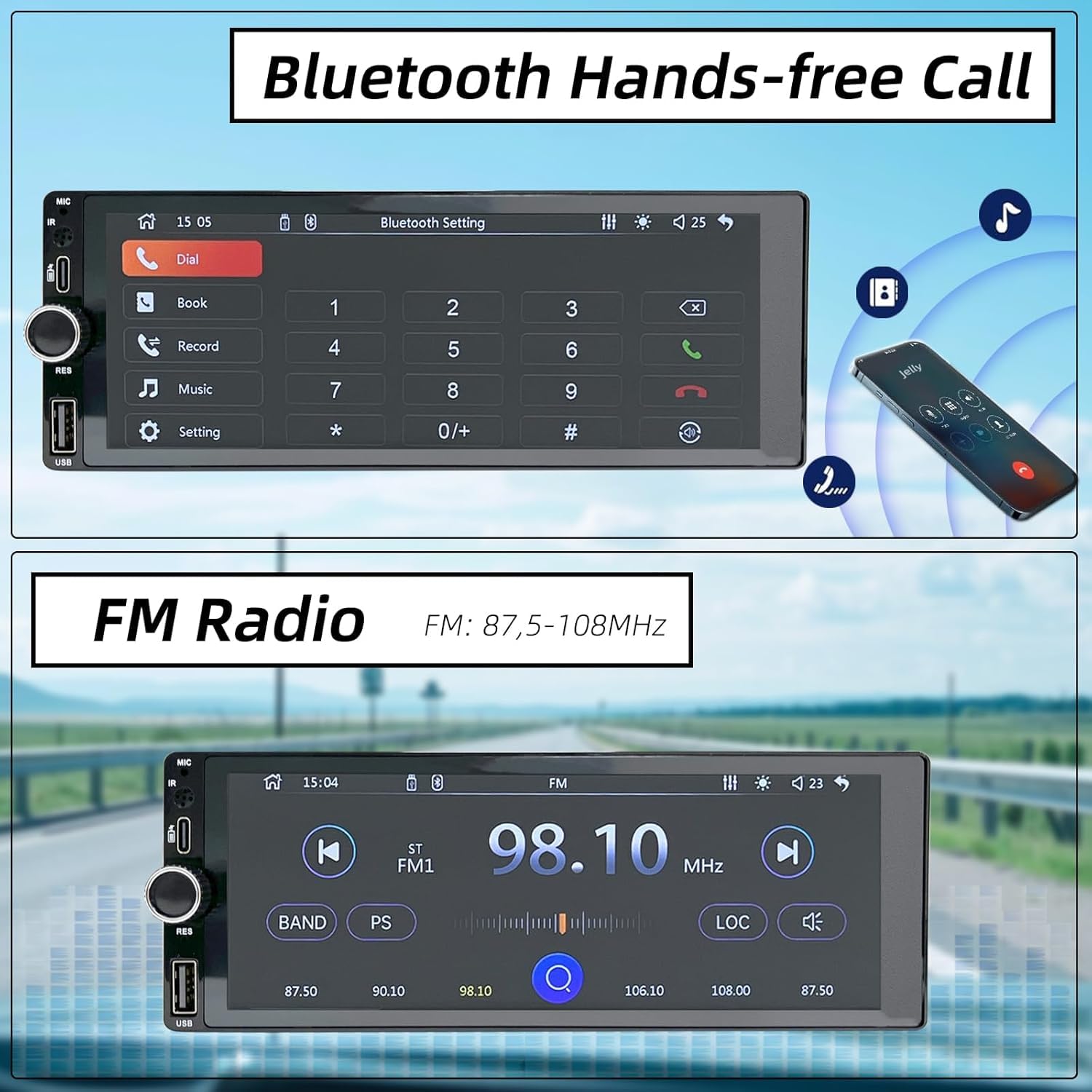 Autoradio CarPlay 1 DIN de 6,86 Pouces, CarPlay et Android Auto par Câble
