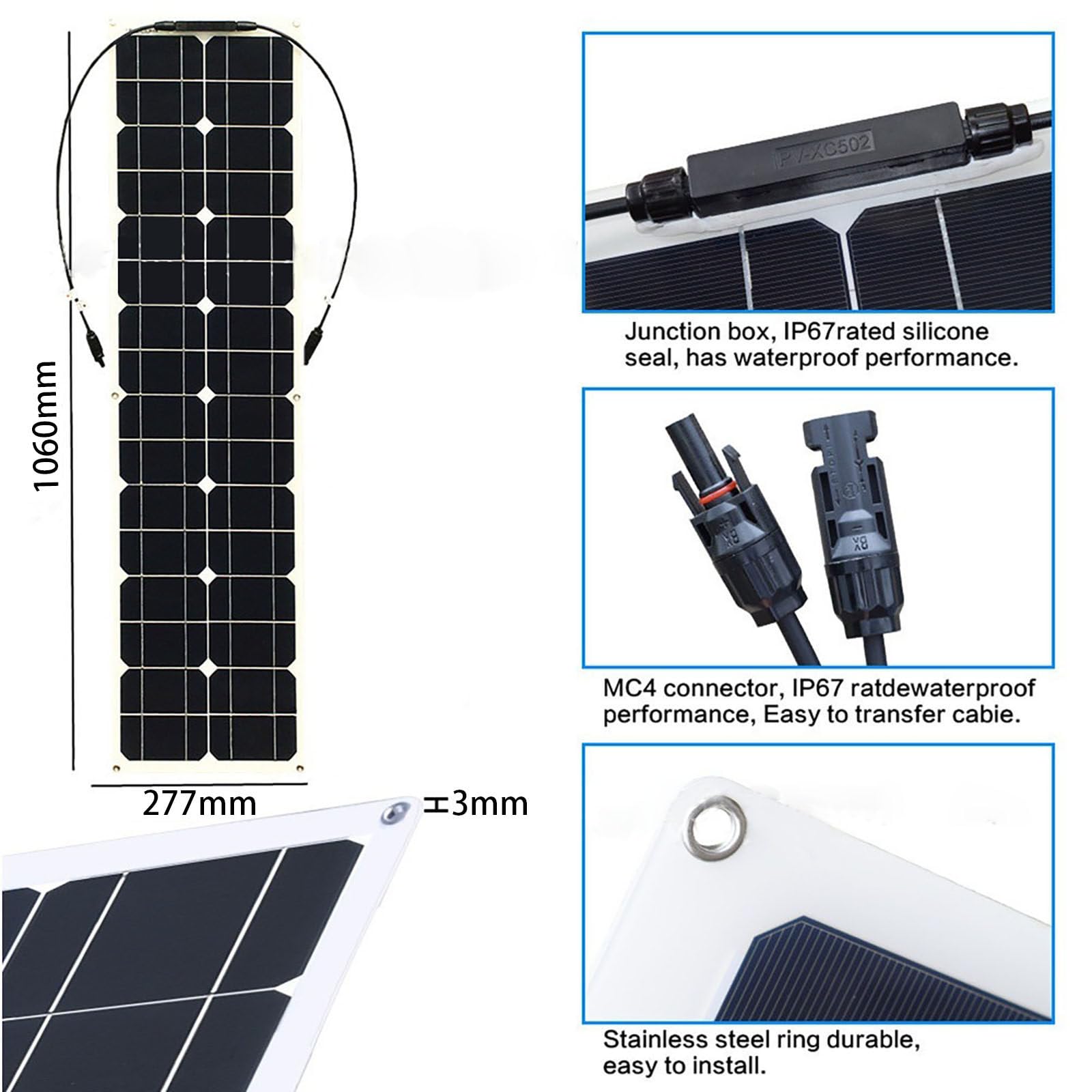 200W Solar Panel Kit Flexible Solar Módulo Solar Fotovoltaico para Campervan, Caravana, Barco, Casa, Coche, Cobertizo