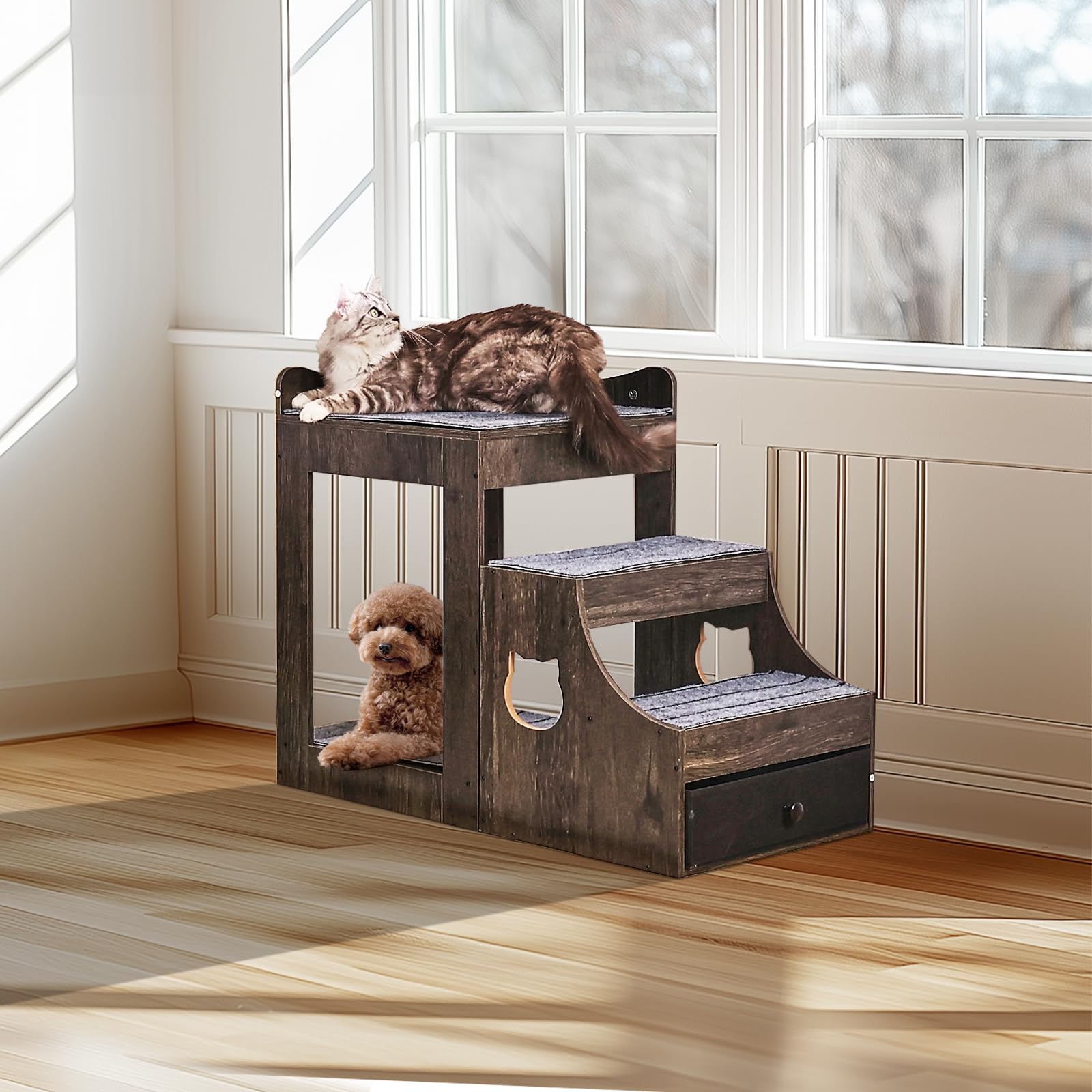 VEVOR Etagenbett für Haustiere mit Abnehmbarer Treppe, Fenstersitzstange für Hunde/Katzen mit Stauraum, mehrstufiges Bett, Fenstersitzstange, Schlafcouch, Sitzplattform für Haustiere, 830x450x675mm