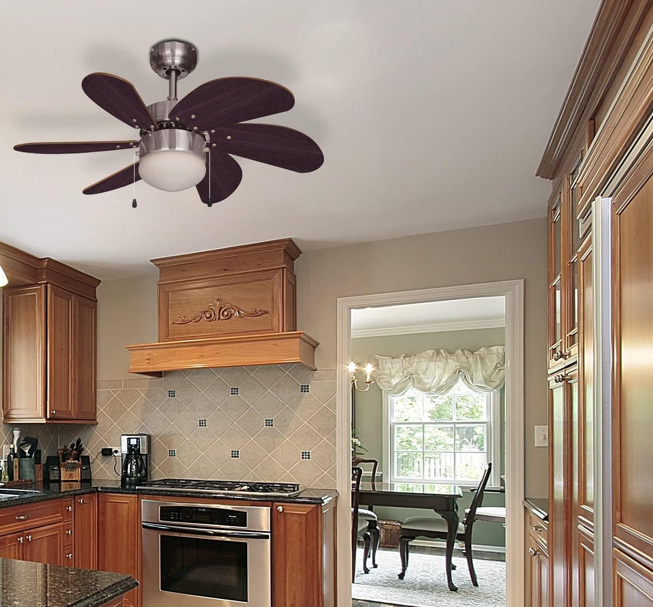 Bestron Ceiling fan with lighting, 3 speeds and large span, Ø 75 cm, with summer/winter function, 50 W, DC30BC, oak/brown