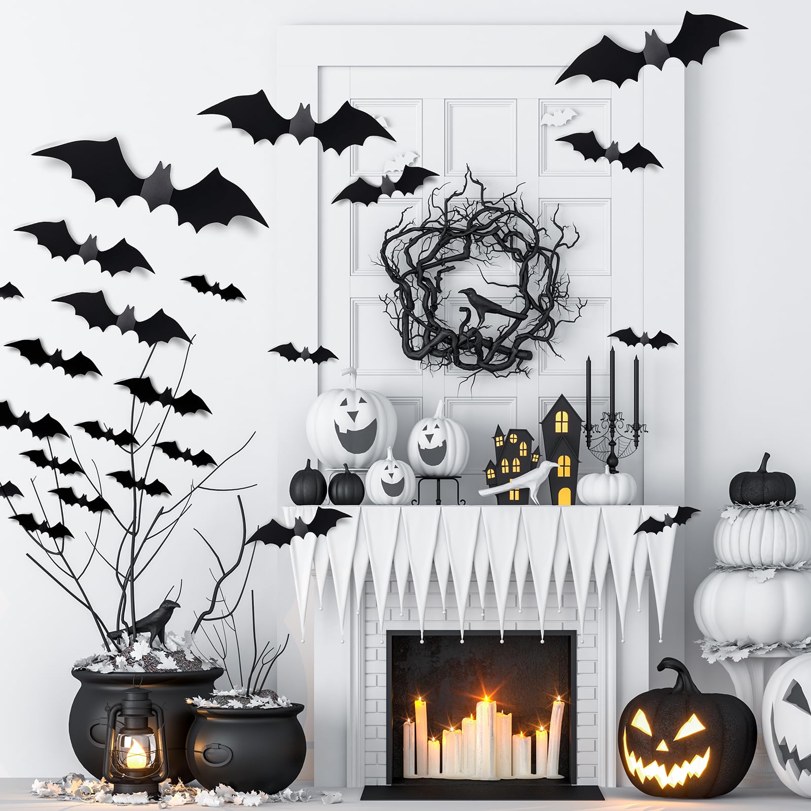 Bats Halloween Wall Decor - 81 Pcs Reusable 3D PVC Decorative Wall Bats with Double-Sided Adhesive