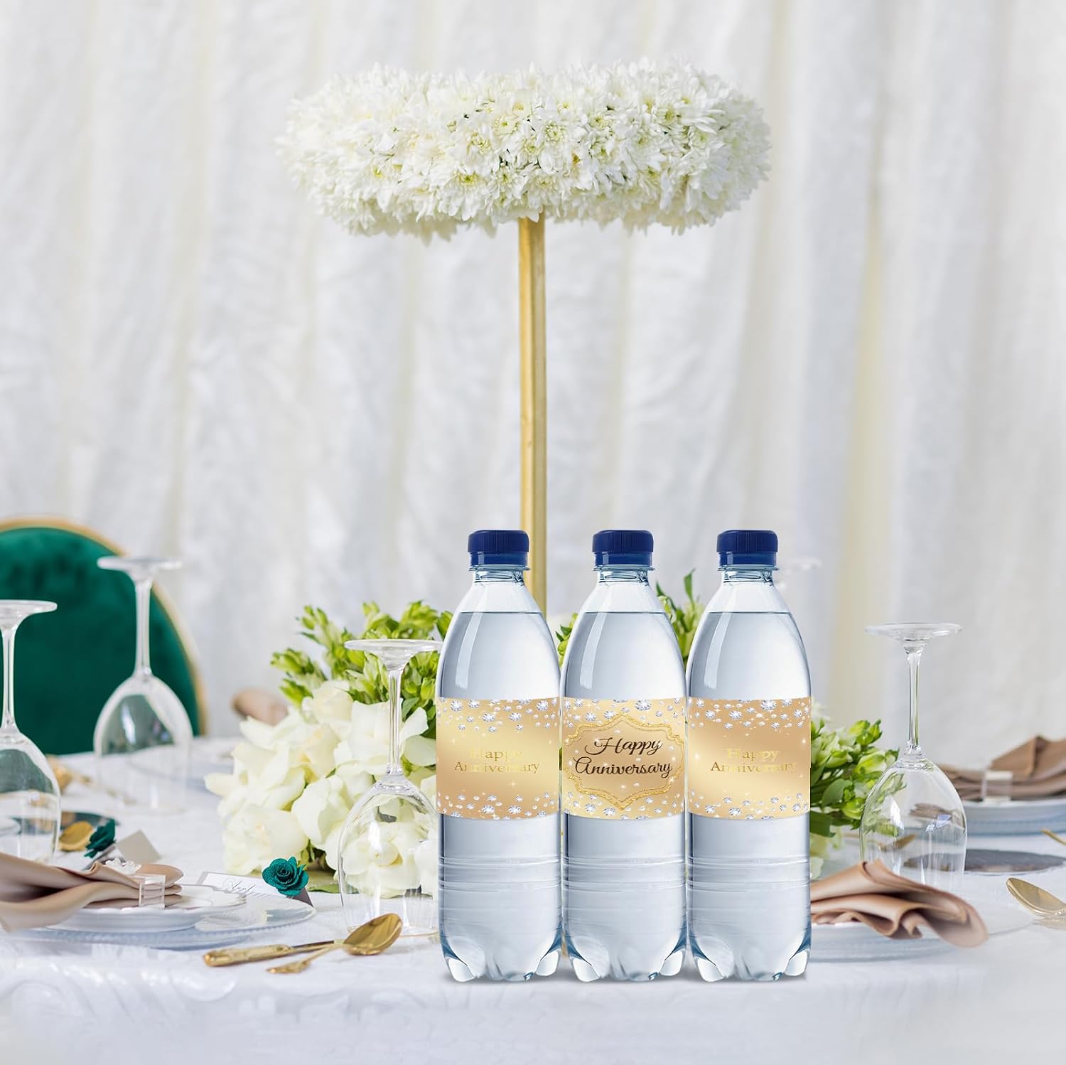32pcs Gold Happy Anniversary Water Bottle Labels, Diamond Gold Glitter Wedding Engagement Party Stickers, Happy Birthday/Anniversary Water Bottle Lables for Men Women