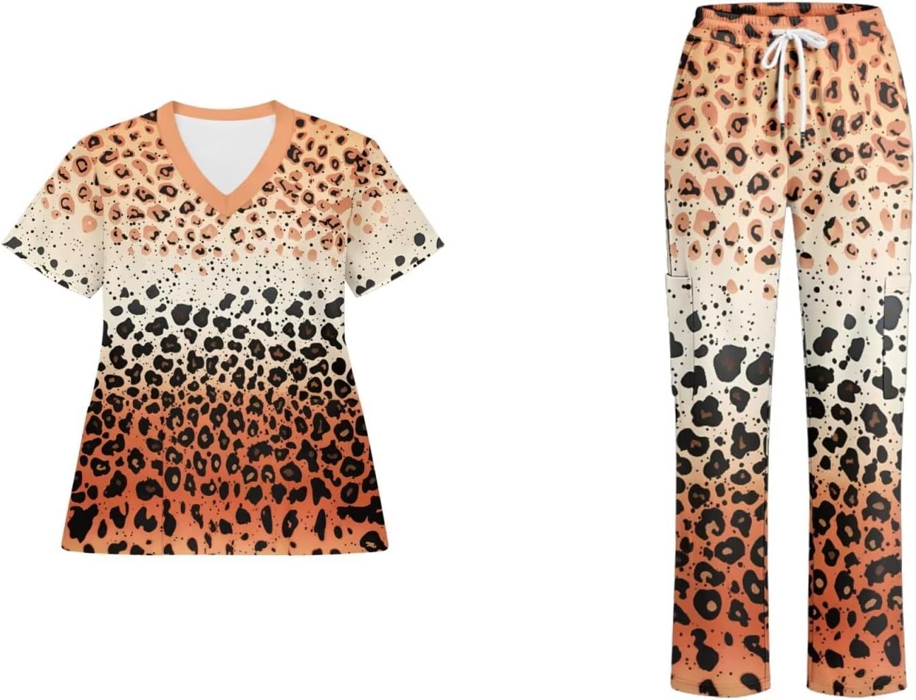 Animal Print Scrubs Set for Women Stretch V-Neck Scrub Tops with Pants, Pocket Medical Uniform for Nurse Doctor Work