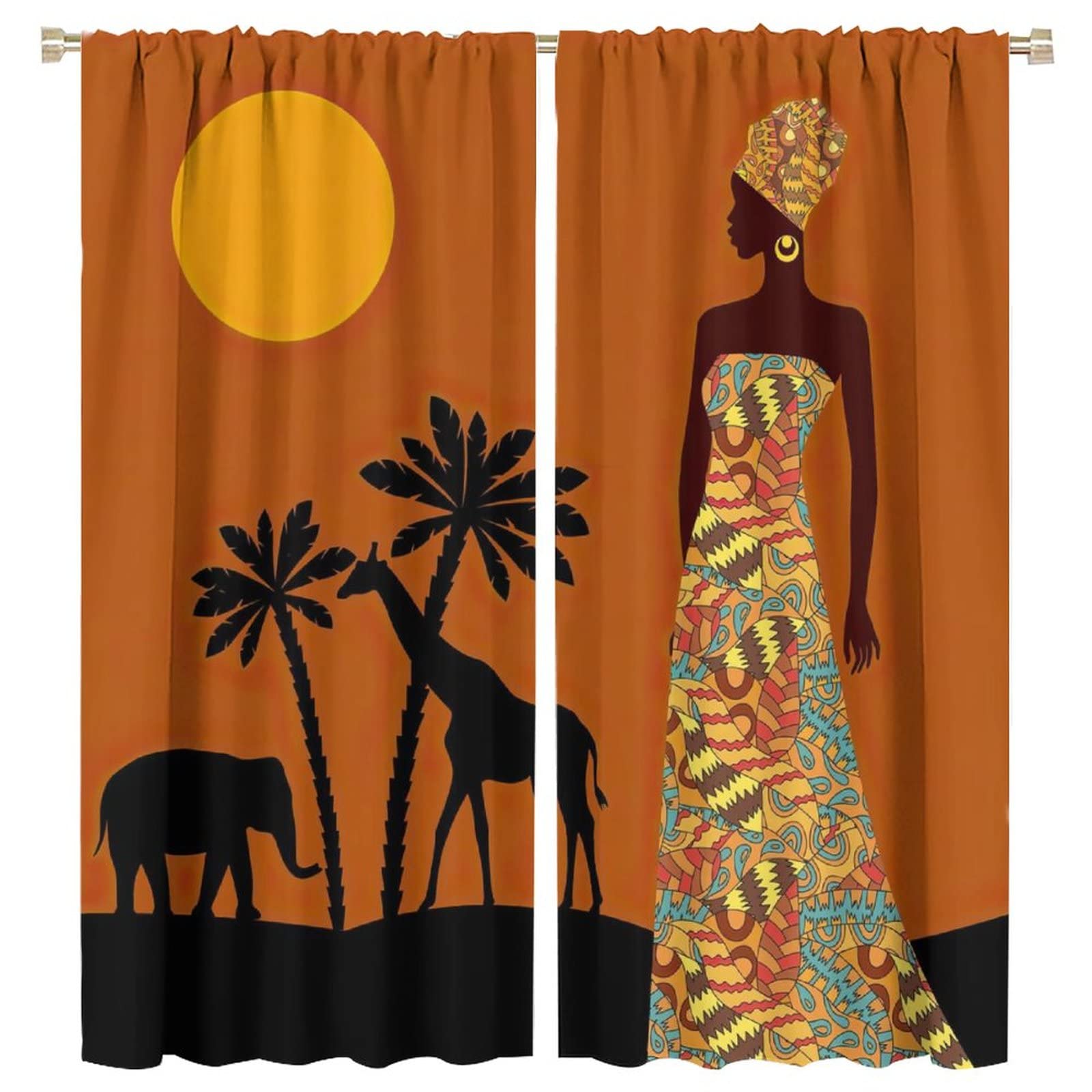 JESTRONRY Black Girl Curtains for Living Room,African Woman Window Treatments Kids Bedroom Curtain,Tropical Landscape Style Home Decor Blackout Drapes W63xL72in