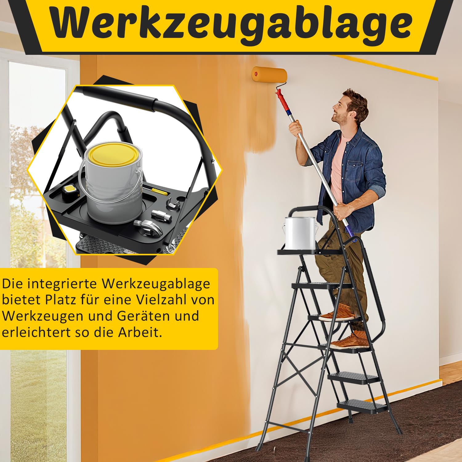 Escalera de 5 peldaños con pasamanos y bandeja para herramientas, escalera plegable para el hogar, antideslizante, hasta 150 kg, color negro, 52 x 108 x 167 cm