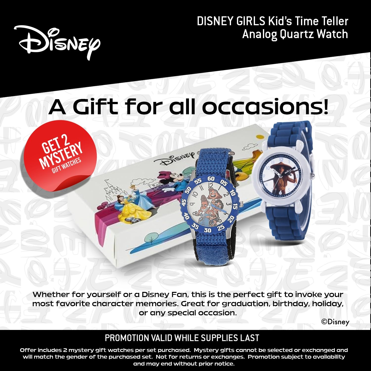 Disney Set di 2 orologi per bambini dai 4 ai 7 anni, con quadrante Luca e Raya, lunette blu e bianche con cinturini in nylon e silicone, regalo per ragazzi, ricevi 2 orologi misteriosi bonus