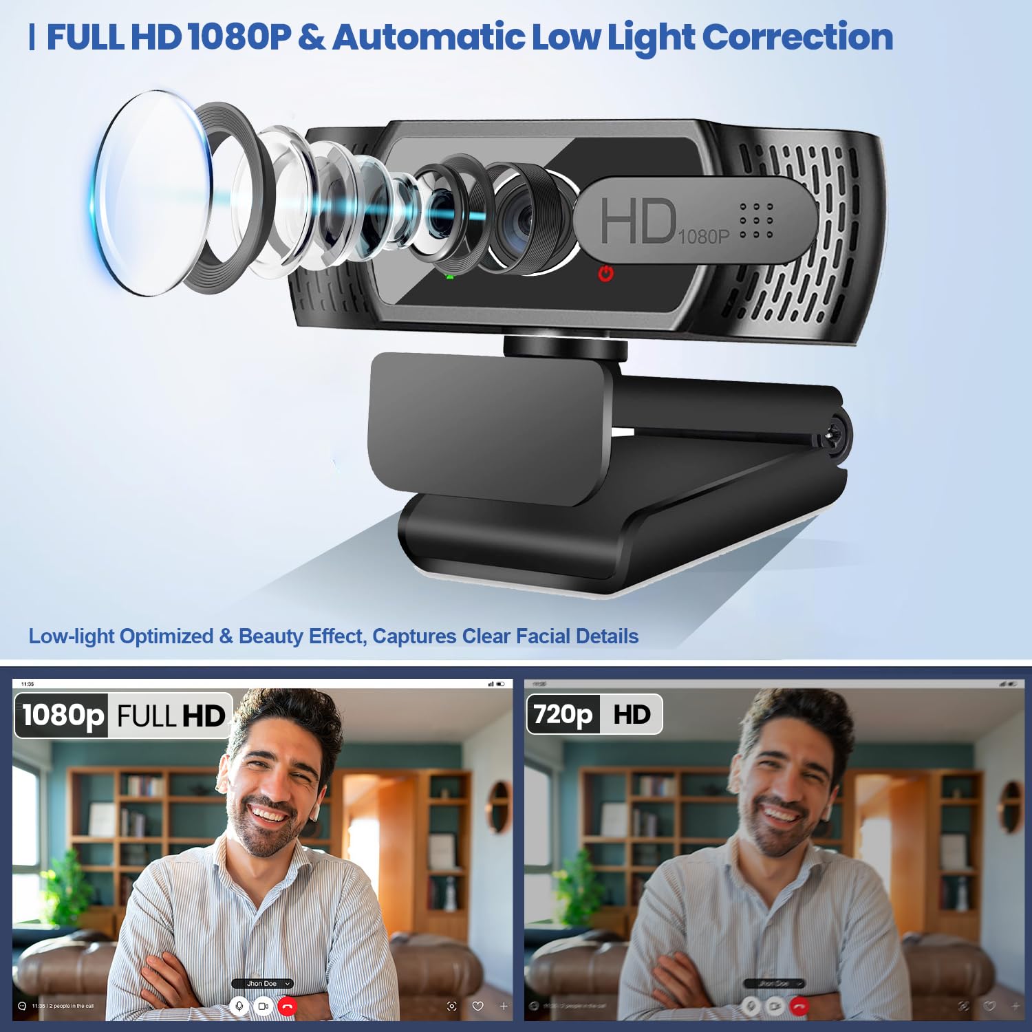 Webcam con microfono per desktop, 1080p HD, webcam USB per streaming live da computer laptop e PC, web camera per videochiamate, conferenze, registrazione di gioco, riduzione del rumore 3D