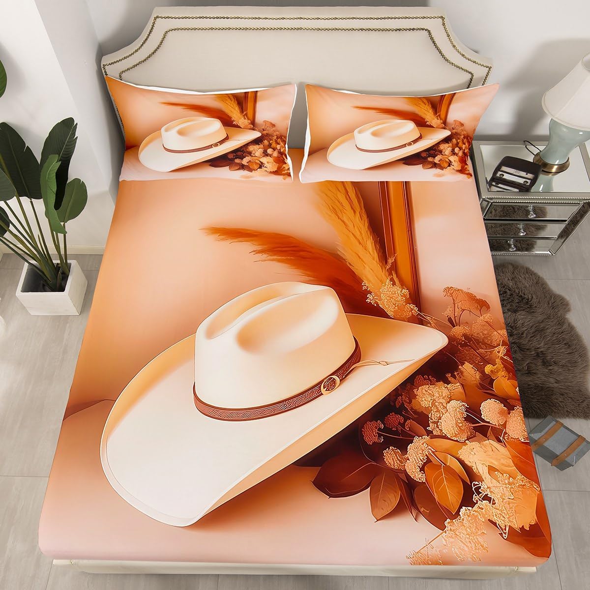 Erosebridal Cowboy Hat Bed Sheets Full Size Vintage Western Fitted Sheet for Adults Men Women Boho Native American Sheets Southwestern Ethnic Yellow Botanical Bed Set