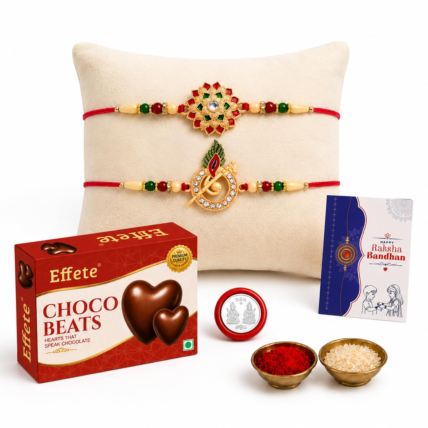 Oblivion Designer Rakhi Set of 2 for Brother – Flower & Murli Flute Design with Choco Beats Chocolate 32gm, Pooja Coin, Roli Chawal & Card | Rakhi with Chocolate Combo for Raksha Bandhan