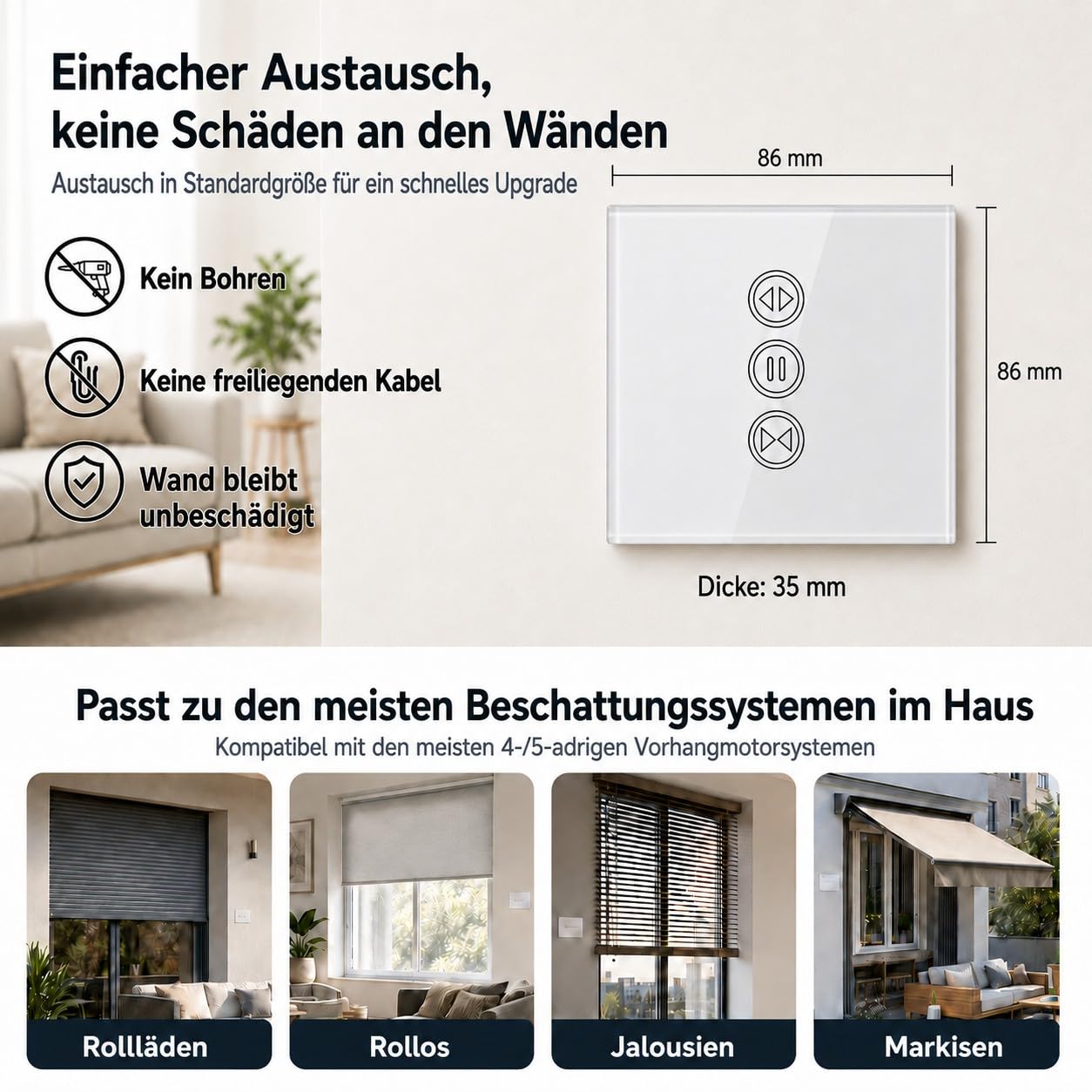 LoraTap 4 x Smart Schalter für Rollläden, vernetzt, Schalter, Jalousien, WiFi, kompatibel mit Alexa Google Home für Sprachsteuerung, Intelligente Zeitschaltuhr für Wandmotor