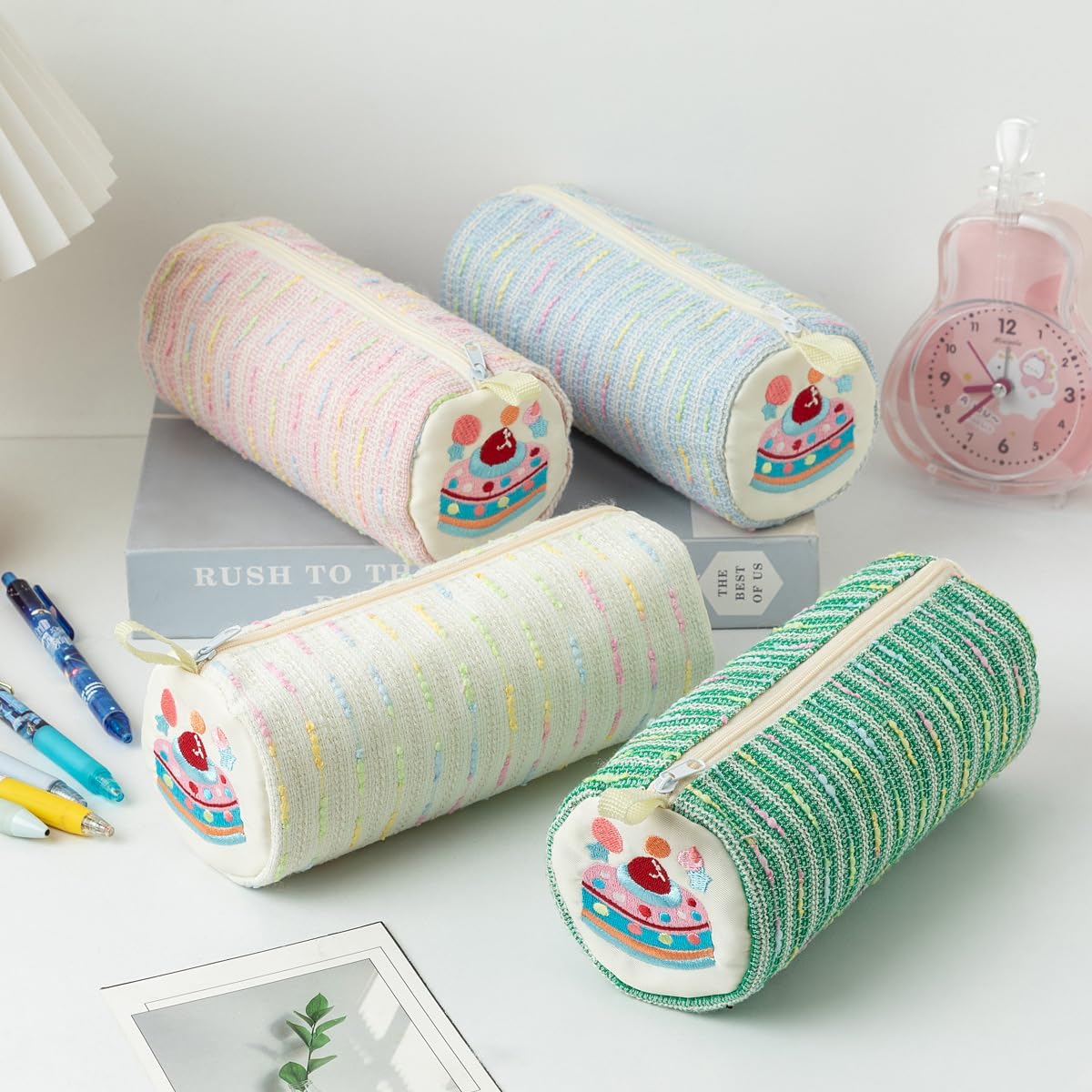 Pastel Tweed Pencil Case, Large Capacity Woven Stationery Bag image 3