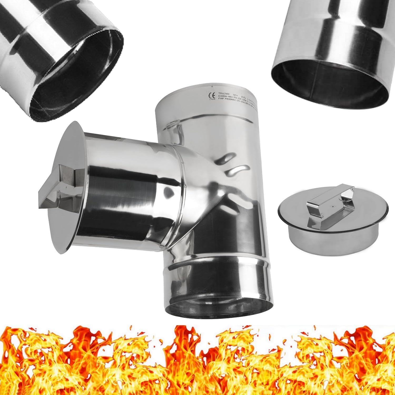 Raccordo a T 90° con Tappo Cieco per Camino in Acciaio Inossidabile INOX - Tubo a T con Coperchio Rotondo per Tubi da Forno - Tee Angolare 90 Gradi con Copertura del Canna Fumaria 180mm - Ø 180 mm