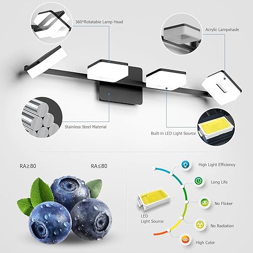 Miniatura 4 de 4 luces acrílicas para baño, modernas luces negras para tocador de baño, accesorios de iluminación de pared negro mate sobre el espejo, luces LED