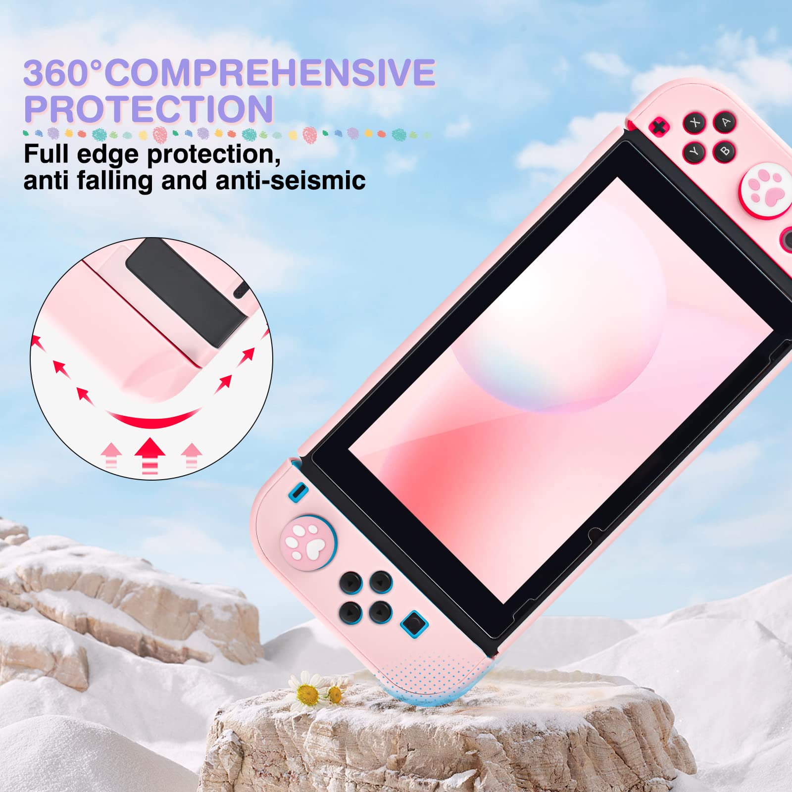 DLseego Custodia da Trasporto per Switch,Custodia da Viaggio con Guscio Protettivo Dockable,4 Coperture con Impugnatura per Il Pollice e 1 Grazioso Ciondolo a Forma di Fiore,Rosa