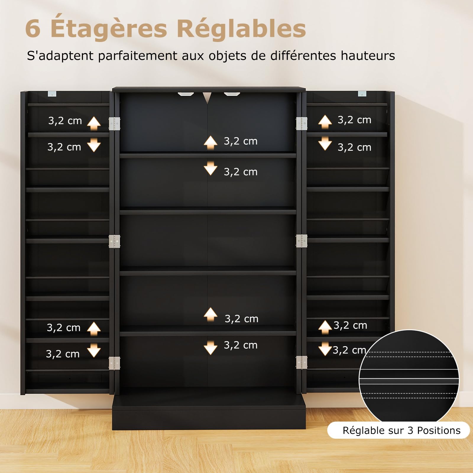COSTWAY Armoire de Cuisine 2 Portes avec 16 Étagères, Meuble Cuisine Rangement avec Dispositif Anti-Renversement, Buffet pour Salle à Manger, Salon, Noir