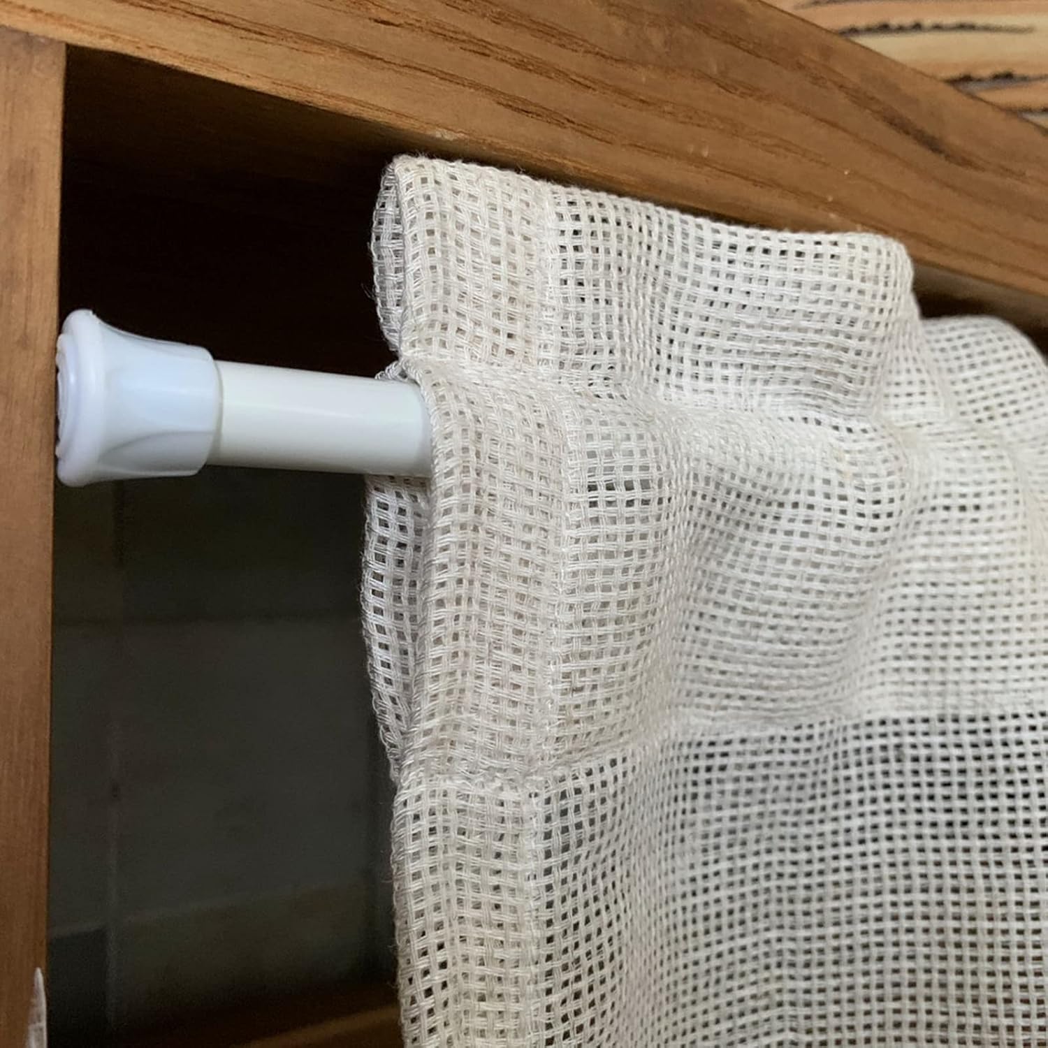 Semi-Transparent Retro Solid Beige Linen Textured Short Kitchen Curtain Under The Sink Door Curtain Cabinet Curtain with Tassels Rod Pocket