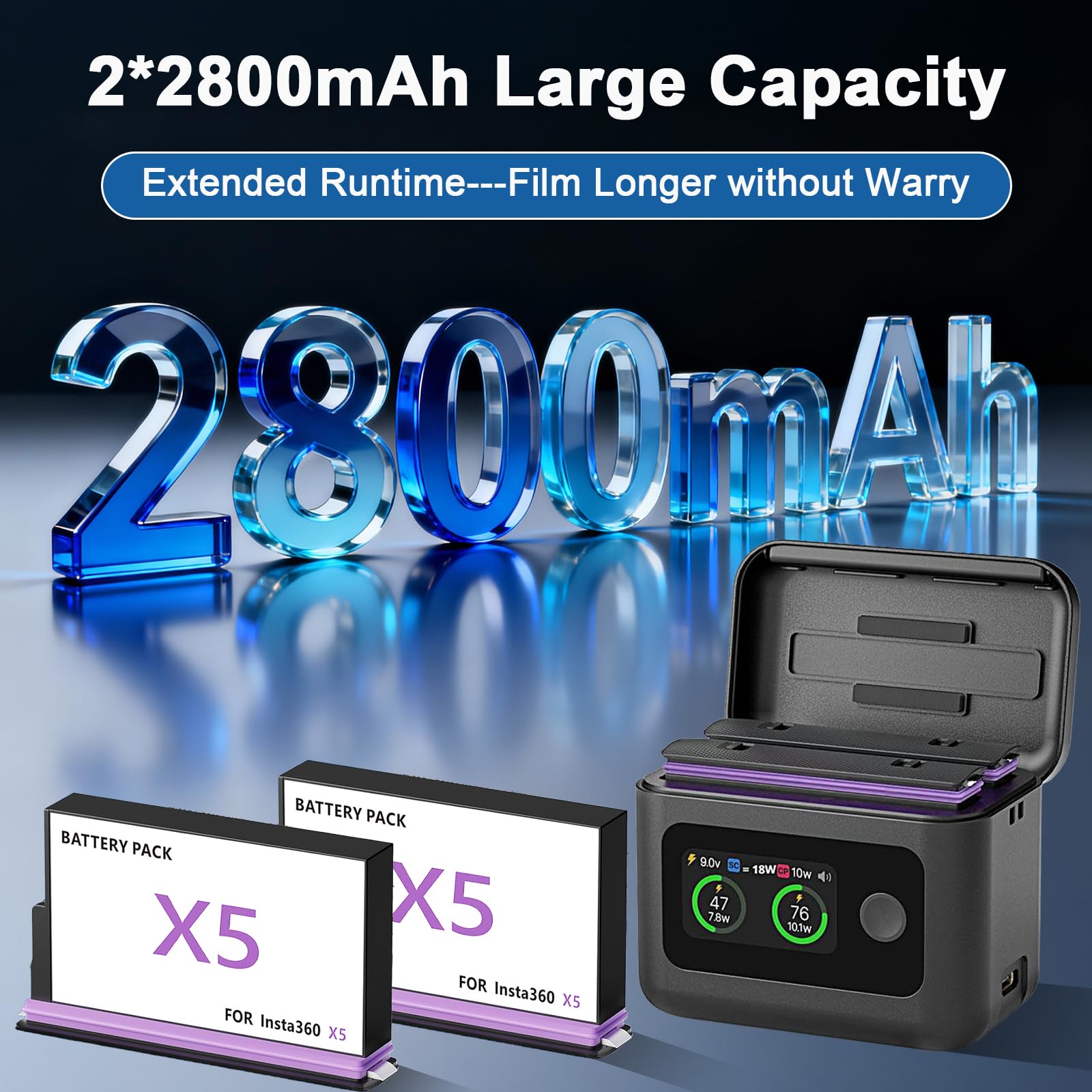 2 Baterías 360 x5 de 2800 Mah con Cargador USB de 2 Ranuras y Estuche de Carga Rápida, Pantalla LCD Que Muestra El Soc de La Batería, Compatible con La Cámara Insta360 x5 (Insta 360 X5)