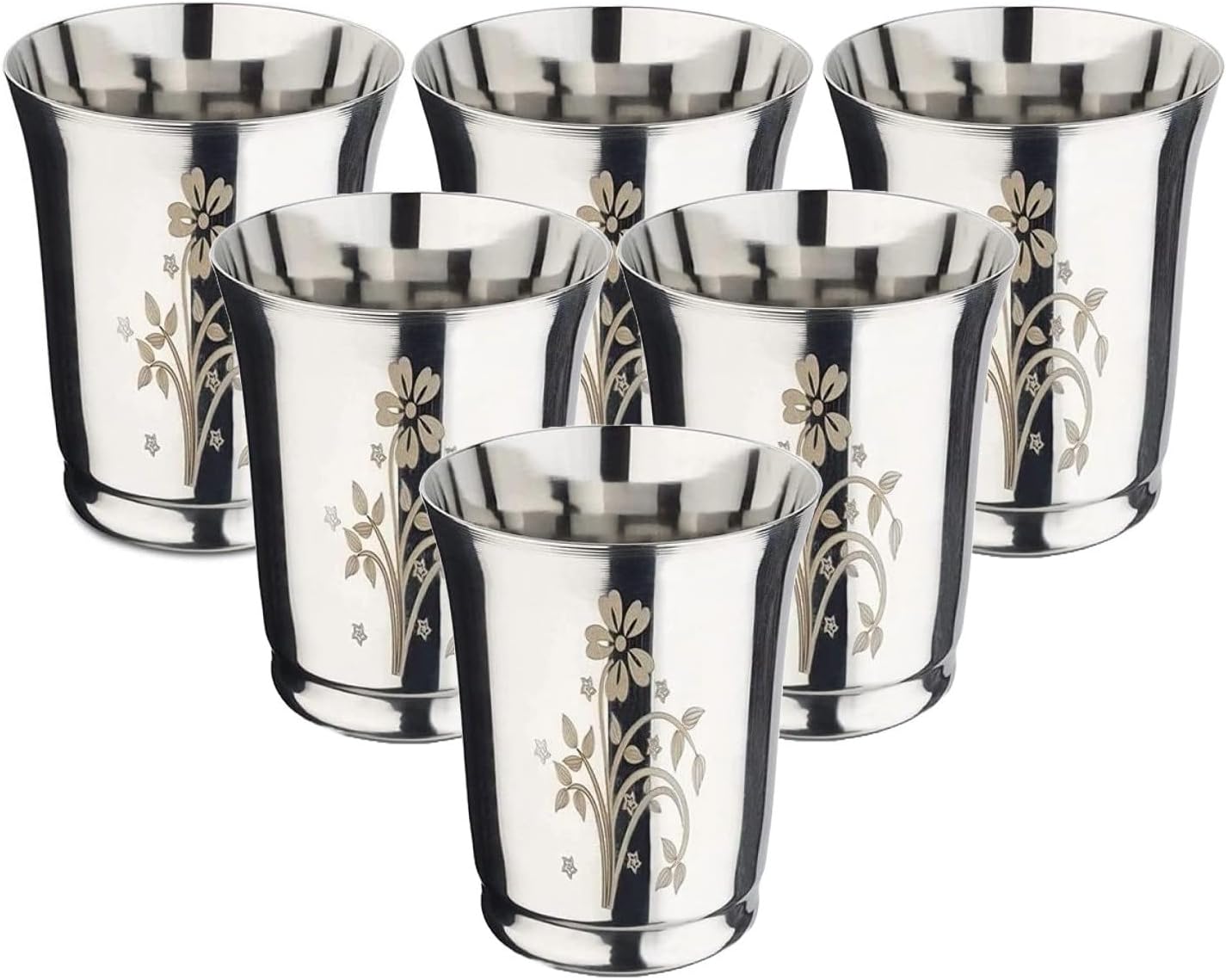 KC Stainless Steel Water Glasses Pari Design with Laser Flower Design | Capacity: 350 ML | Set of 6 Glasses