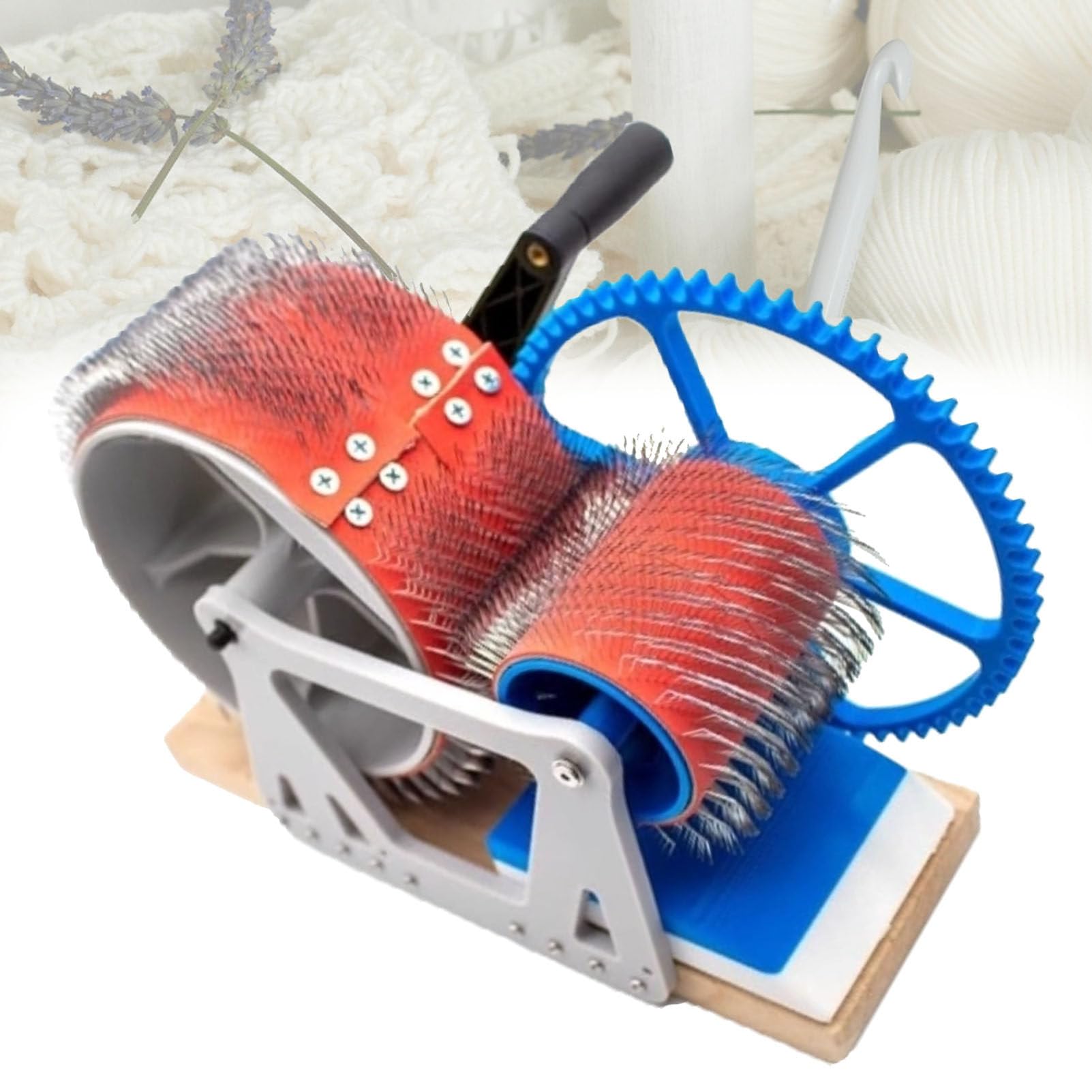 Pfps Wooden Wool Blending Board, Drum Carder with Hand Crank, Manual Fiber Carding Machine for Spinning, Felting, Crafting, Handmade Wool Felt Projects Whiteblue
