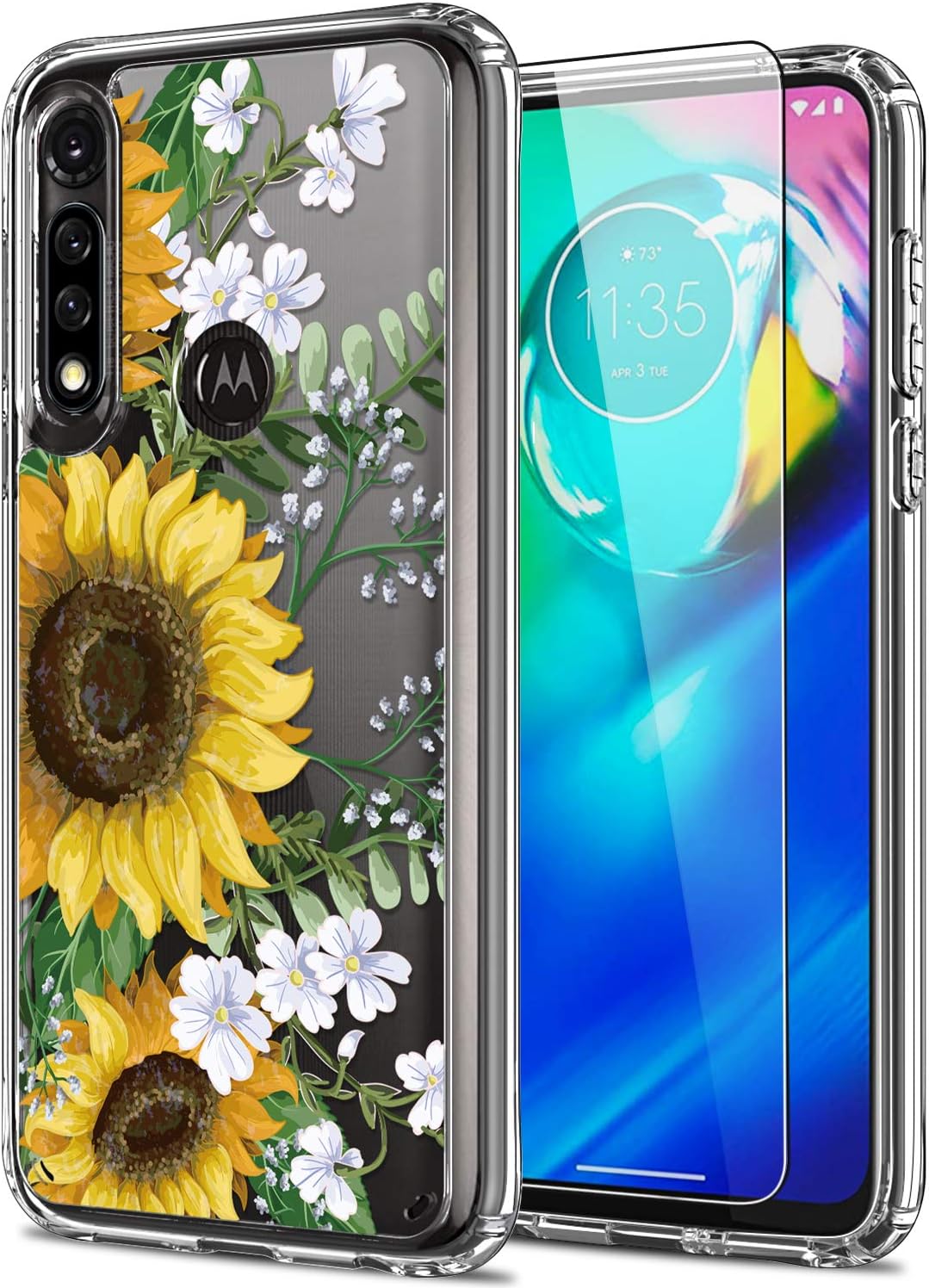 ICEDIO Moto G Power Case with Screen Protector,Clear TPU Cover with Fashonable Designs for Girls Women,Slim Fit Protective Phone Case for Moto G Power Nice Sunflowers Floral
