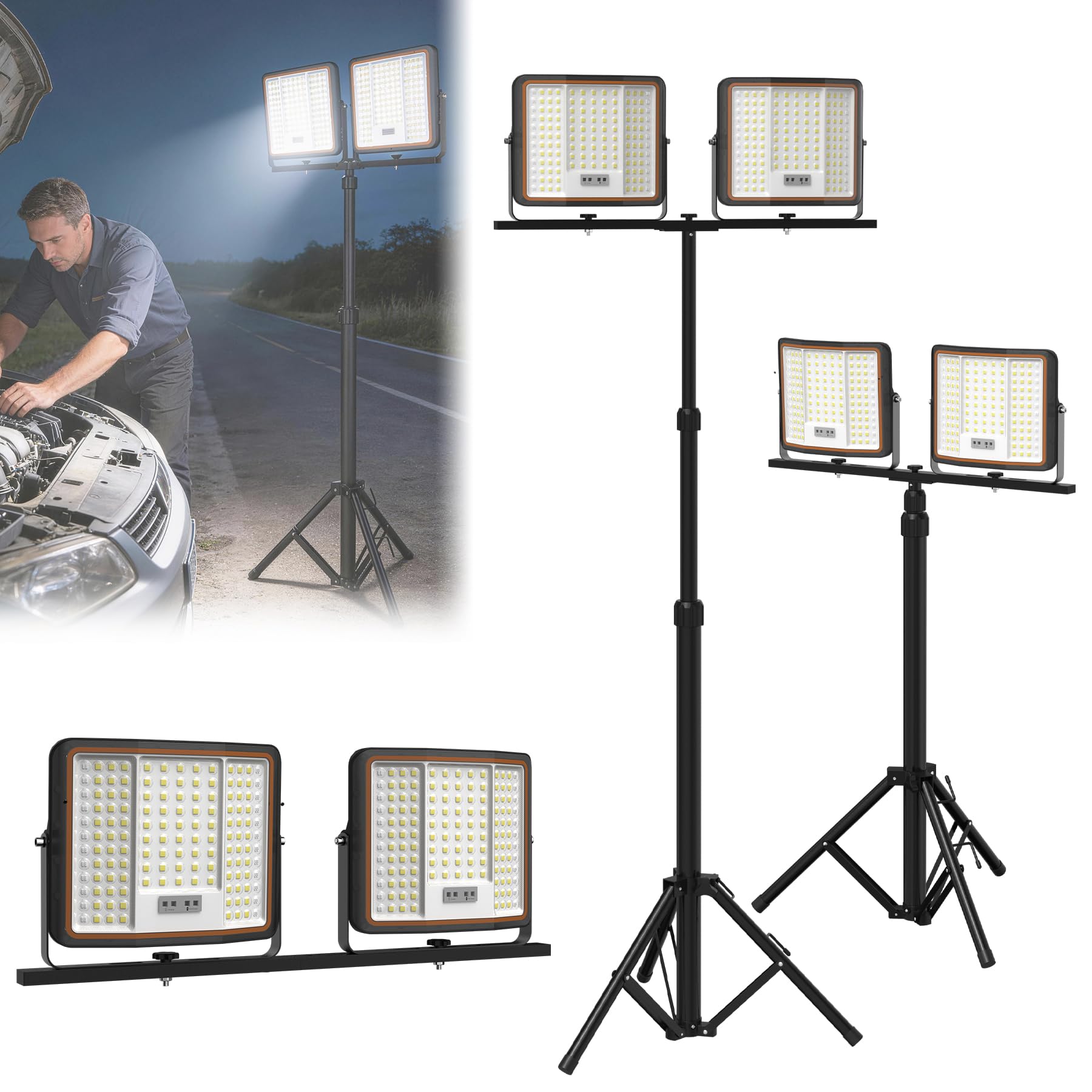 ACXIN 2 x 300 W reflektor budowlany LED ze statywem, ściemniana lampa robocza, lampa budowlana, regulacja wysokości 116-182 cm, IP66, reflektor punktowy na plac budowy, do warsztatu, na zewnątrz