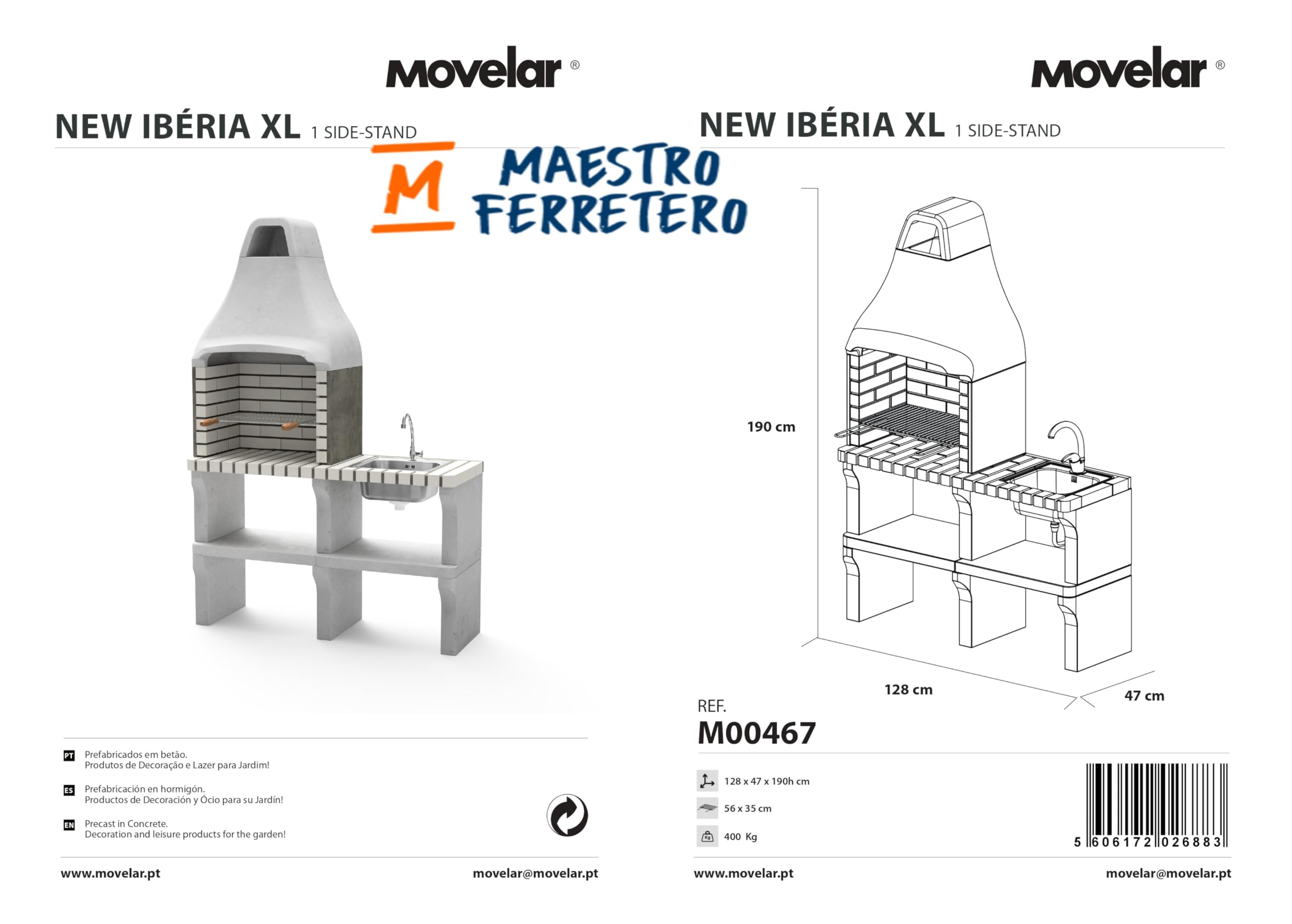 MOVELAR - Barbacoa de Obra Prefabricada para Leña y Carbón Modelo New Iberia Plus XL side stand sink&tap (Beige - 128 x 47 x 190 cm) REF: M00467 - Uso en Exteriores