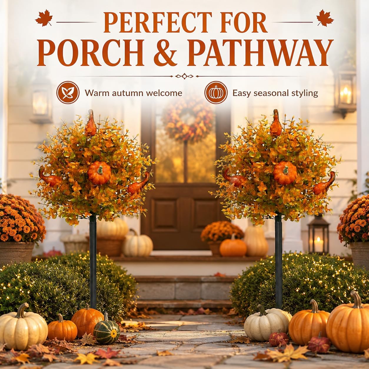 2 Pack Fall Pumpkin Topiary Trees with Stakes, 22 Inch (Orange)