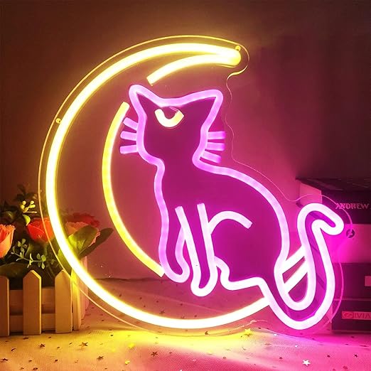 Magic Cat Neon Signs Dimmable Cartoon Magic Cat Moon Light