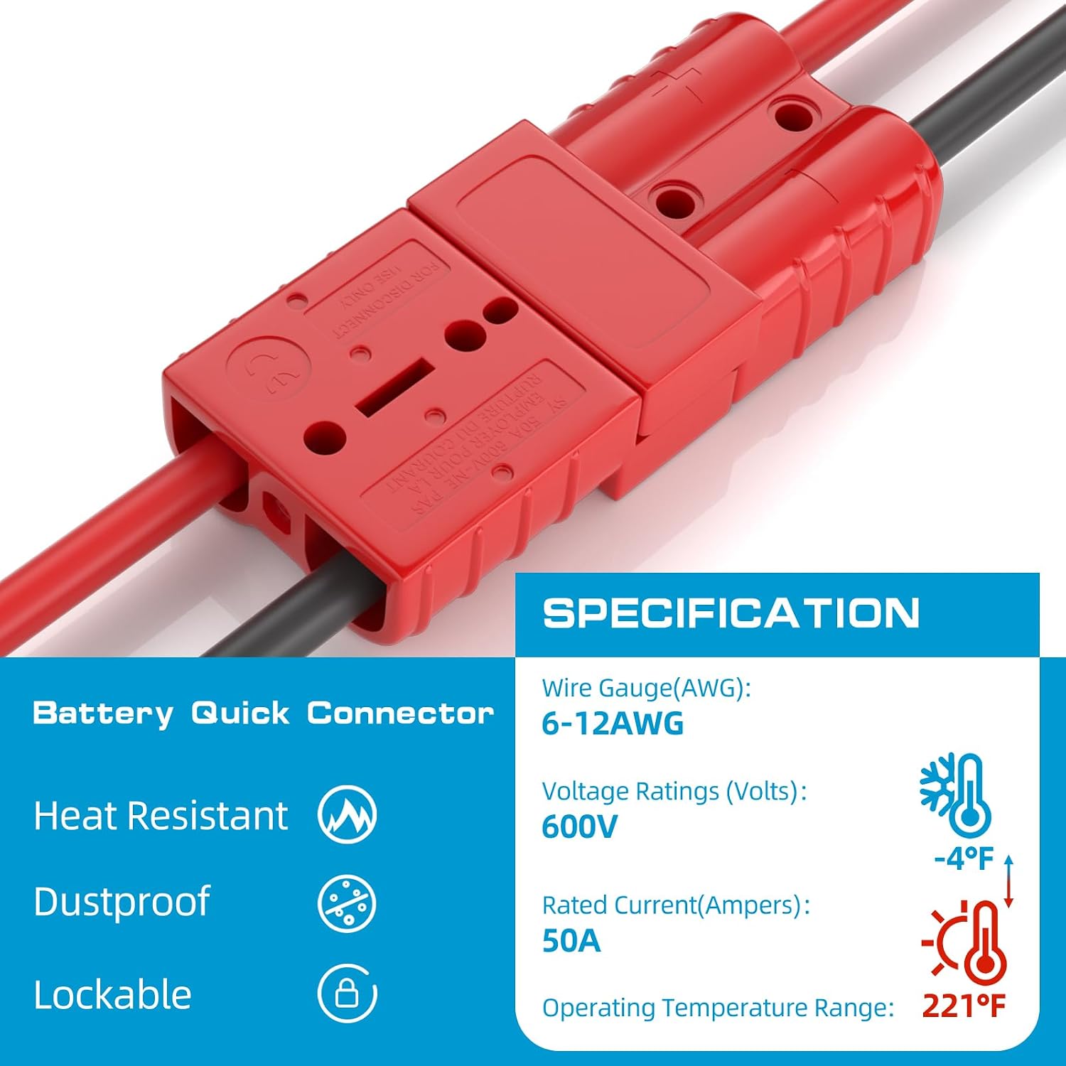 Anderson Connector 50 Amp,Battery Quick Connect/Disconnect Connector Plug Kit, 6-12 Gauge 600V with Mounting Bracket Dust Cover for Cars, Trucks, Trailers, Boats - RED,2PCS