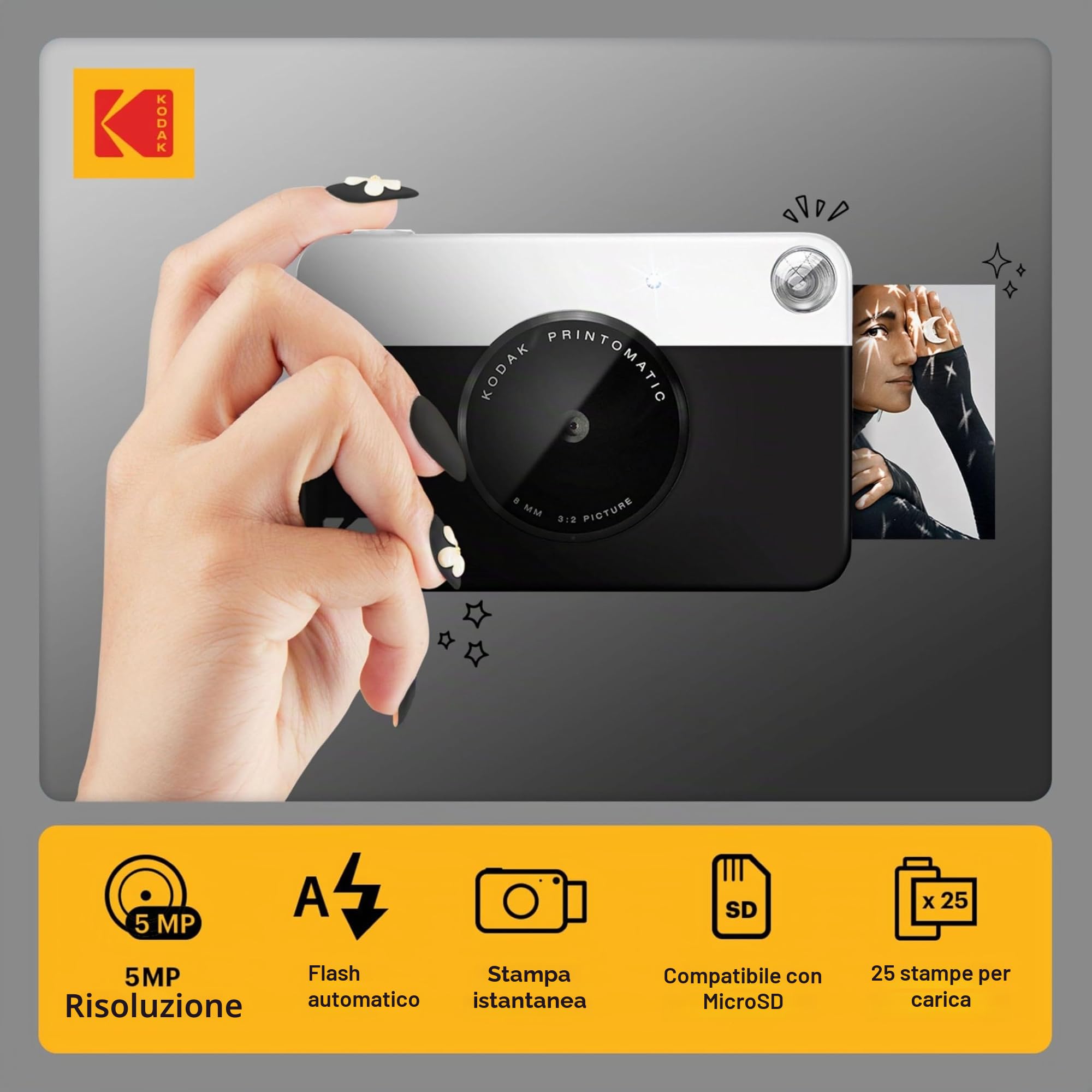 KODAK Printomatic Pacchetto iniziale per macchina fotografica a stampa istantanea a colori + Custodia morbida + Carta fotografica Zink 20pk - Foto colorate su carta adesiva 2x3" - Nero