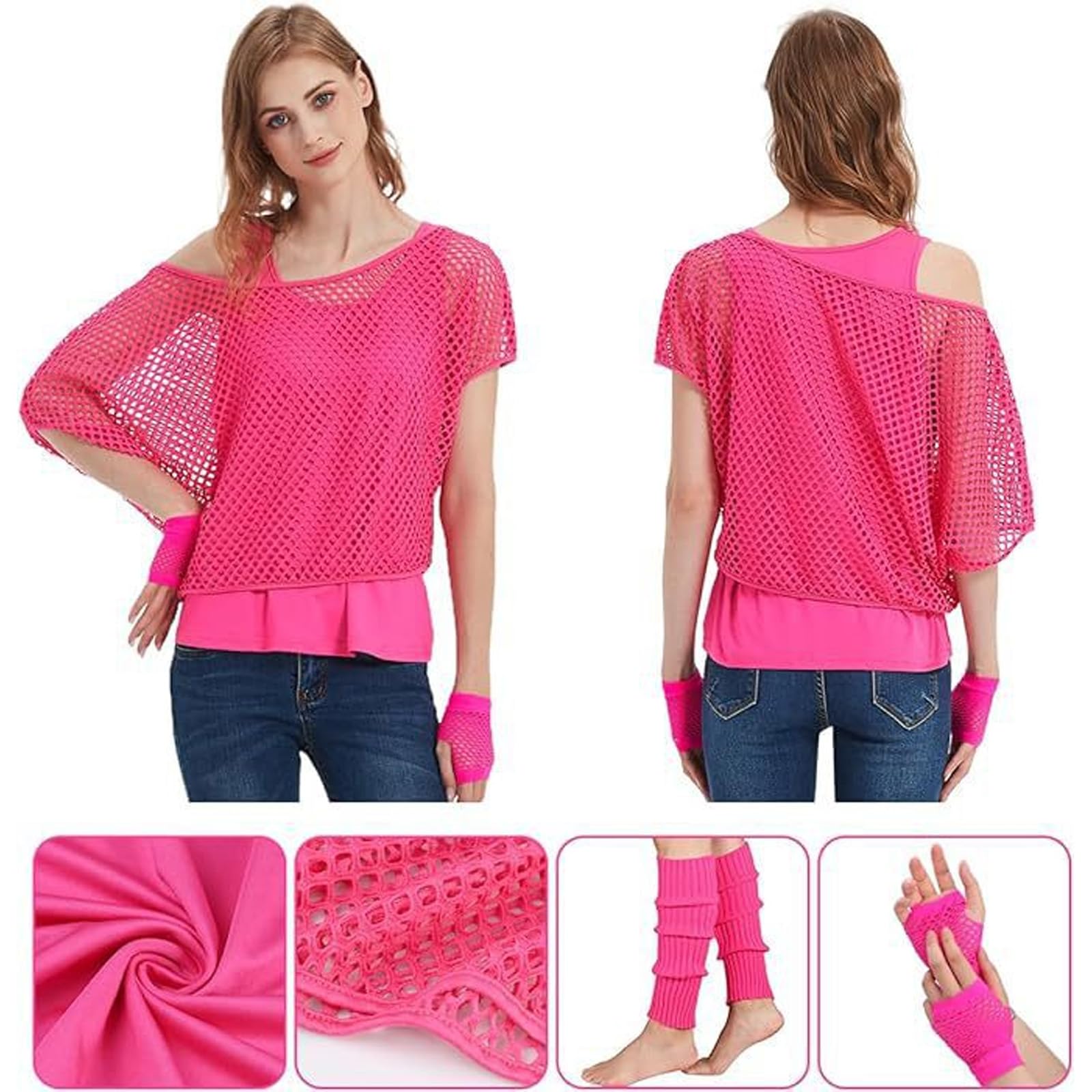 MUNSKT Women's Neon Outfit, 80s 90s Fishnet T-Shirt Sleeveless Top with Gloves Leg Warmers - Image 4