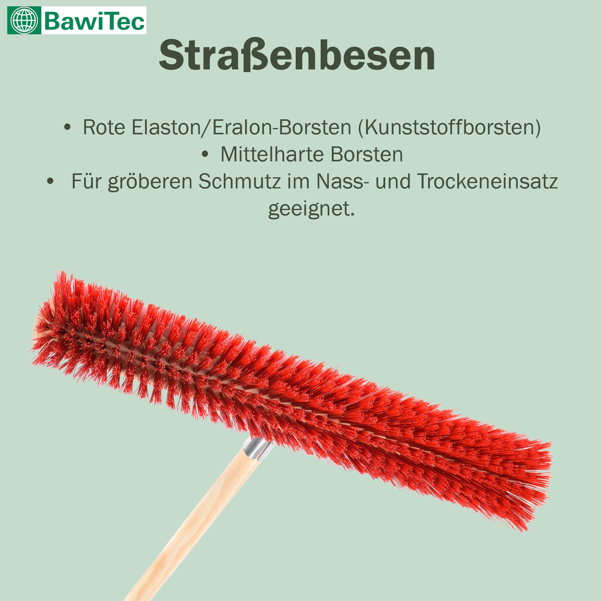 Profi Straßenbesen 60cm Breit mit Stiel 160cm rote Borsten Besen Holzstiel | Metall-Stielhalter Verschraubt, Elaston-Kunststoffborsten, Rot, Kehrbesen für Draußen