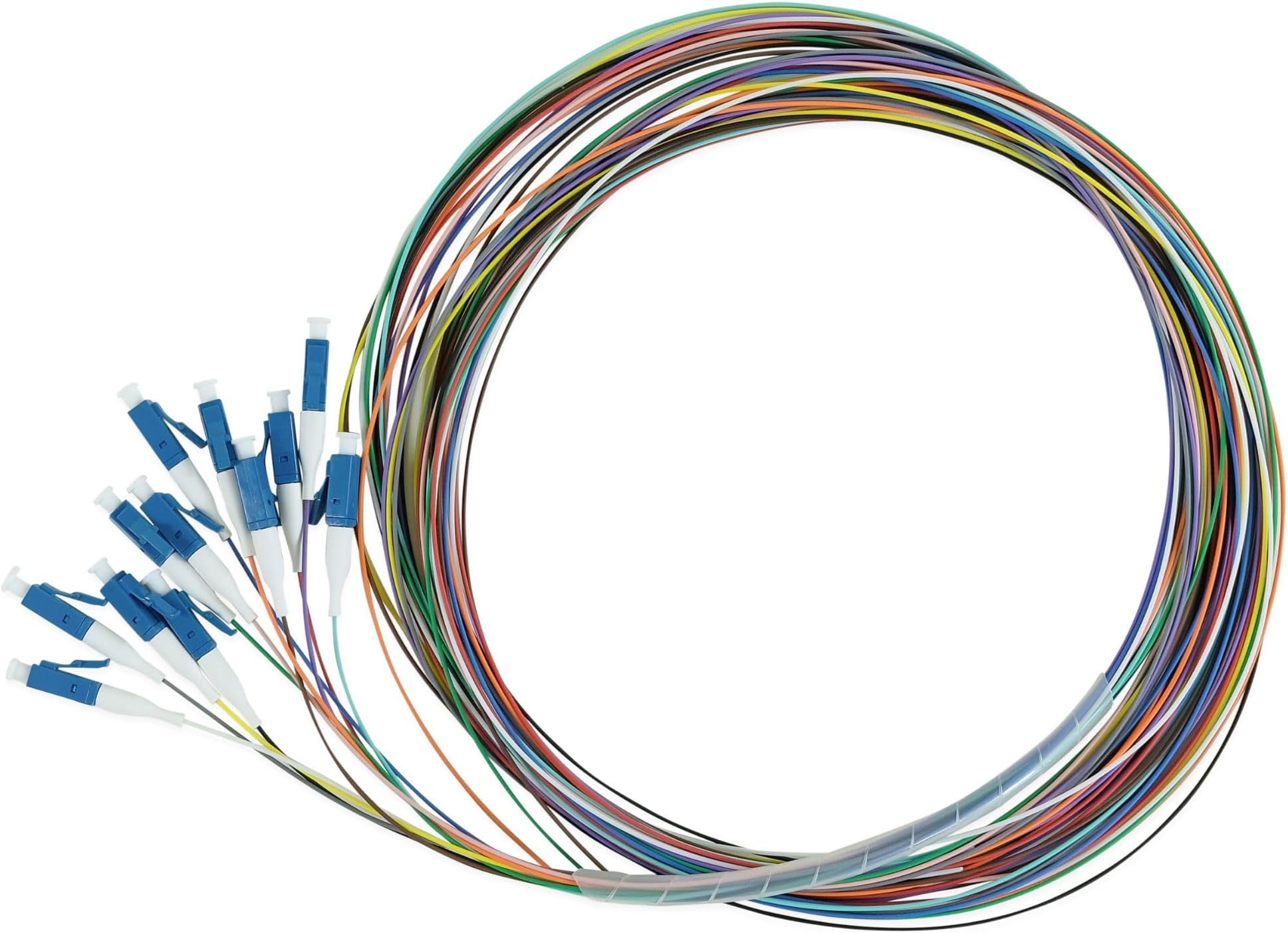 trueCABLE 12 Fiber LC UPC OS2 Singlemode PVC (LSZH) 0.9mm, 12 Color Fiber Optic Pigtail Fusion and Mechanical Splice Singlemode 9/125 900um Tight Buffer, 2m
