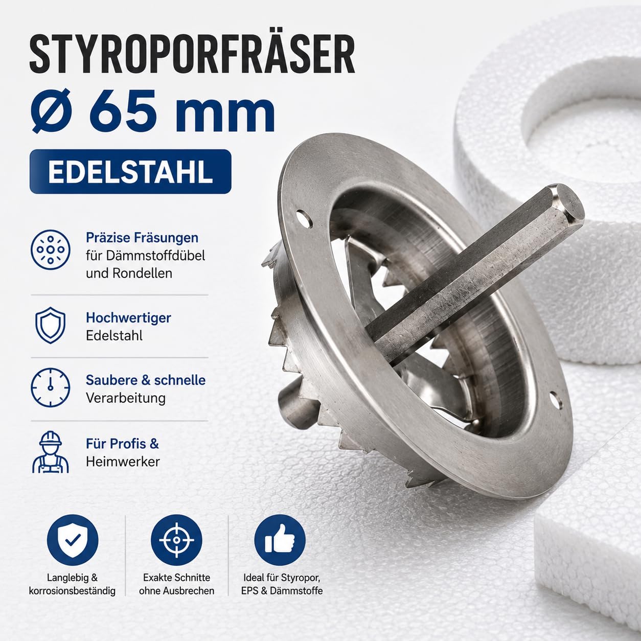 Premium Styroporfräser Ø 65 mm Edelstahl WDVS Fräser für Dämmstoffdübel Styroporschneider Fräswerkzeug für Fassadendämmung Wärmedämmung ETICS Sechskant Schaft